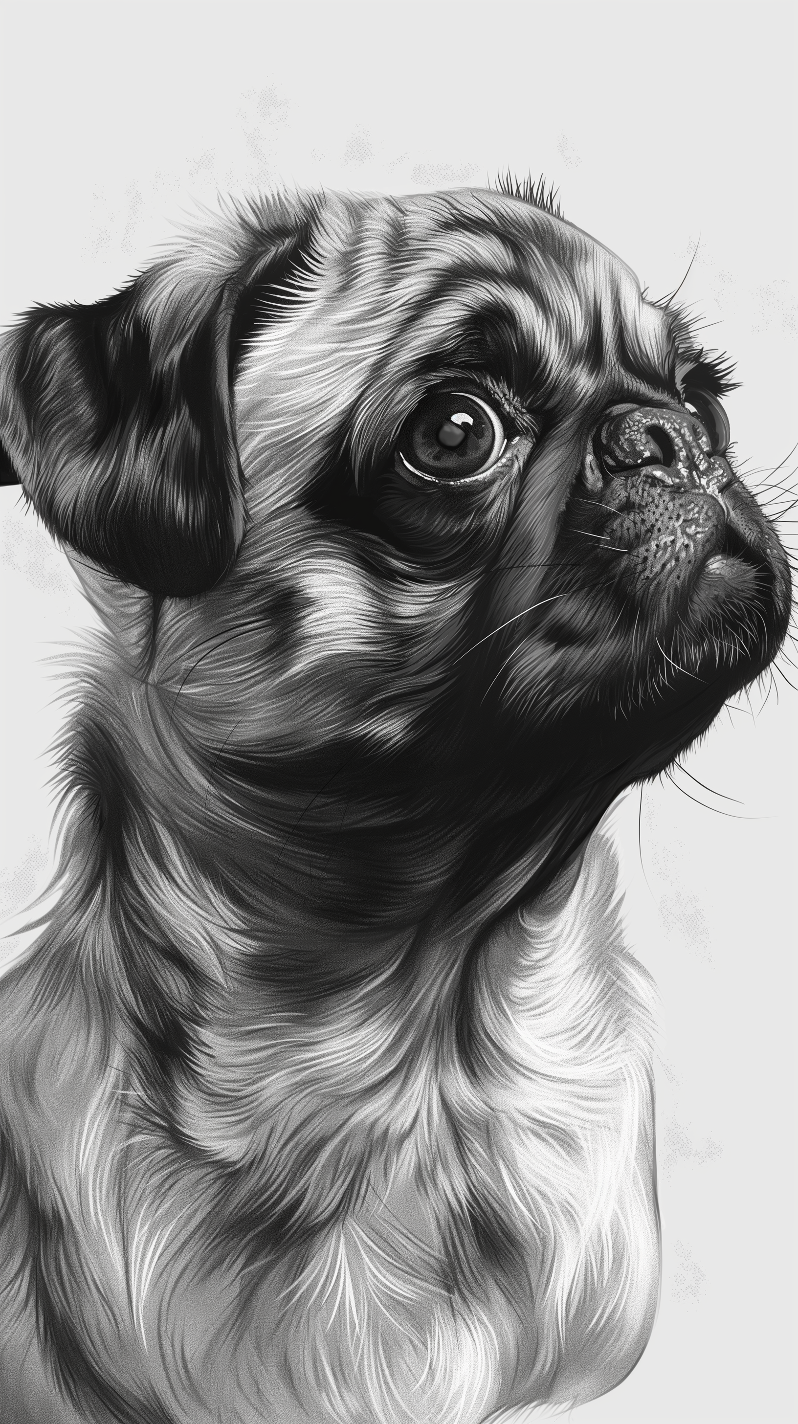 Black and white illustration of a pug's profile, capturing its expressive eyes and distinctive features, designed as a stylish phone wallpaper.