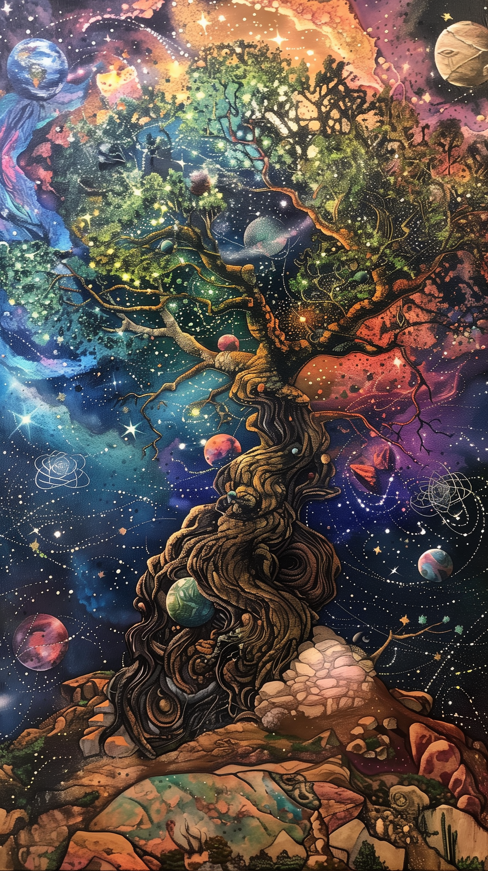 Colorful Yggdrasil cosmic tree phone wallpaper with vibrant space background.