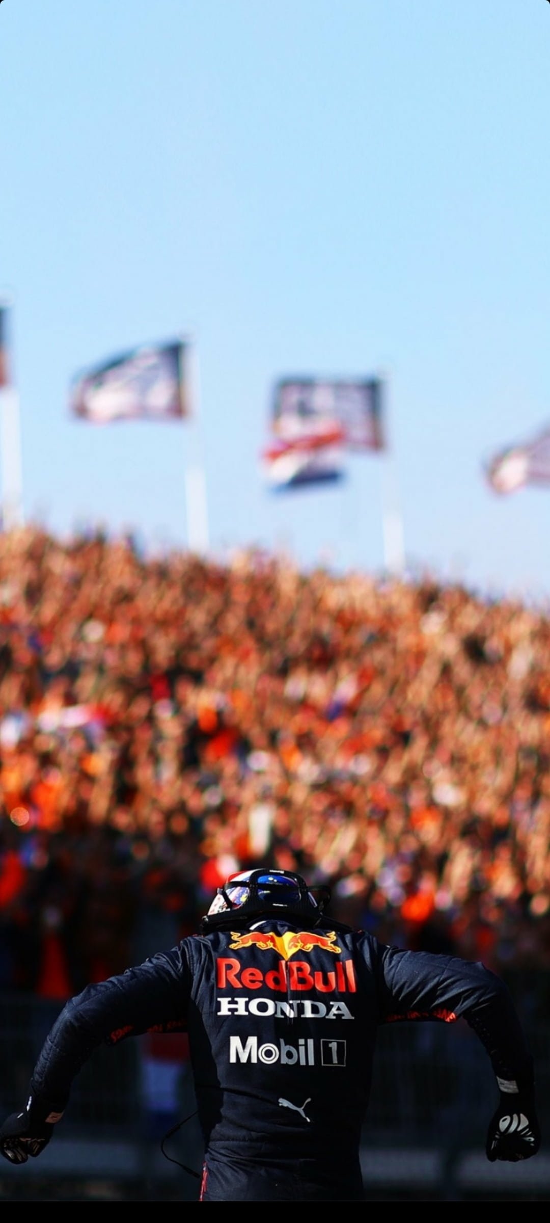 F1 driver in Red Bull Honda gear celebrating in front of a crowd - Max Verstappen themed phone wallpaper.