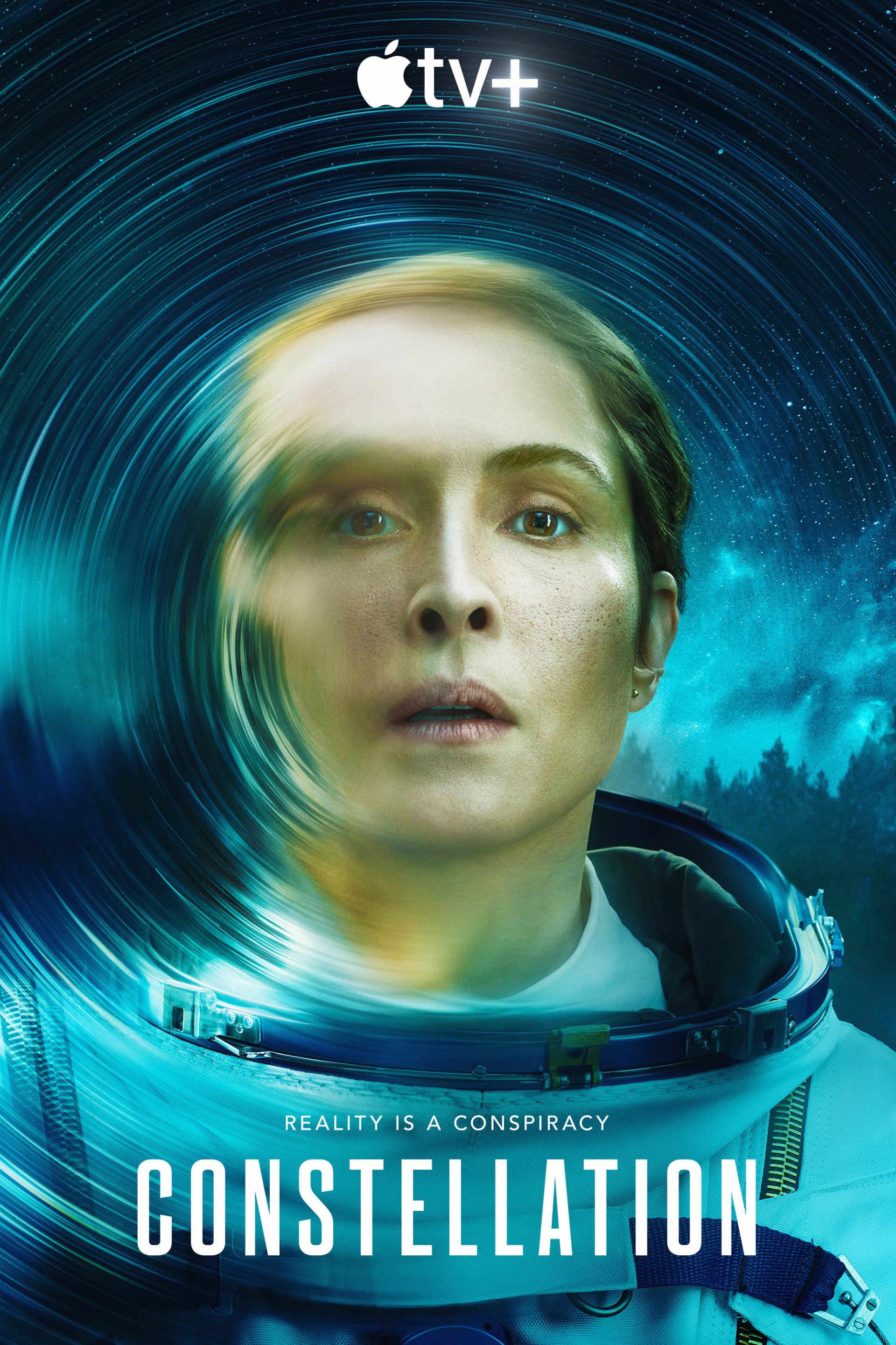 Phone wallpaper featuring a promotional image for the TV show Constellation (2024) with a central character in a space suit against a cosmic backdrop, available on Apple TV+.