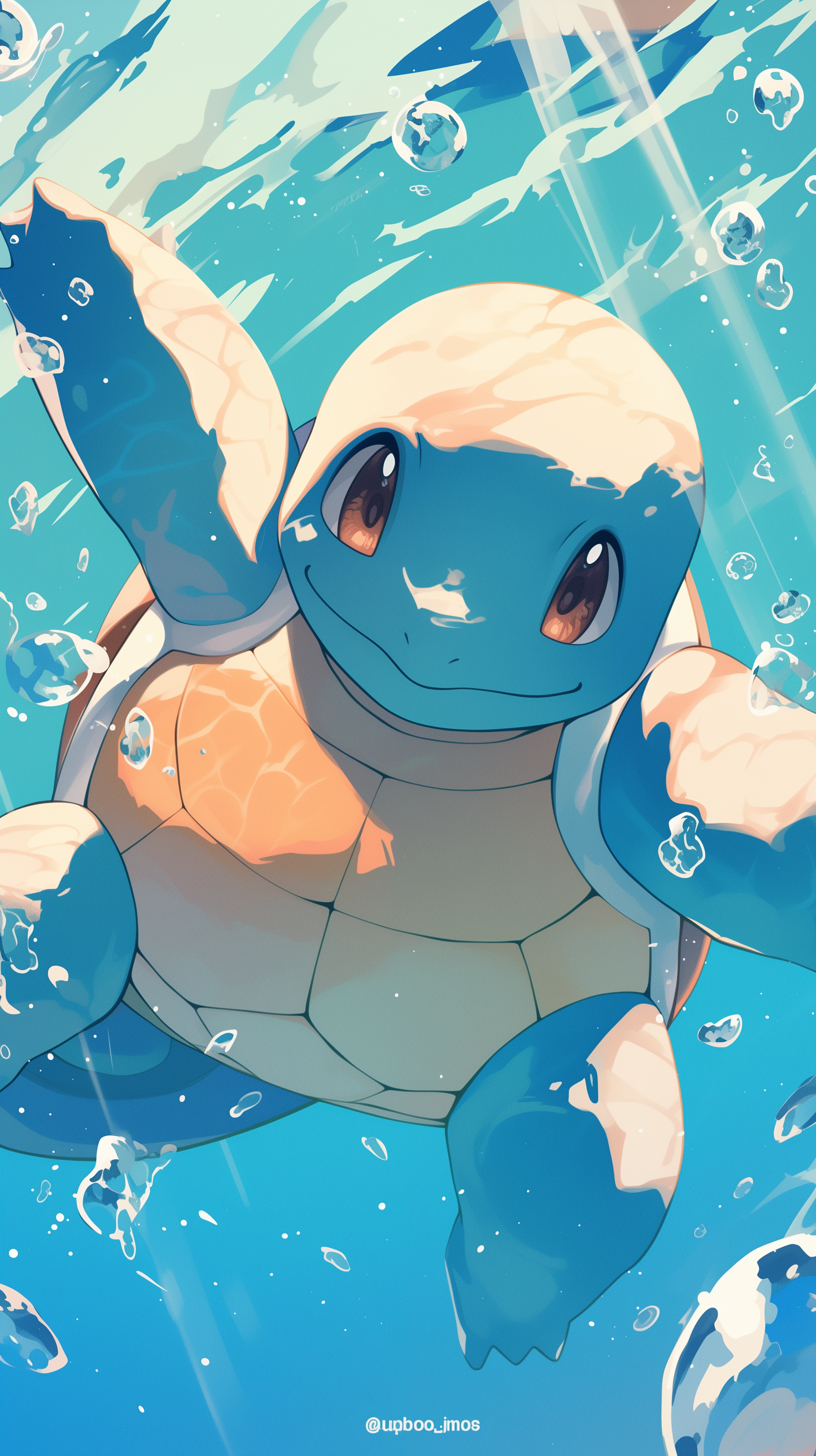 Squirtle Pokémon underwater-themed phone wallpaper with vibrant blue tones and bubbles.