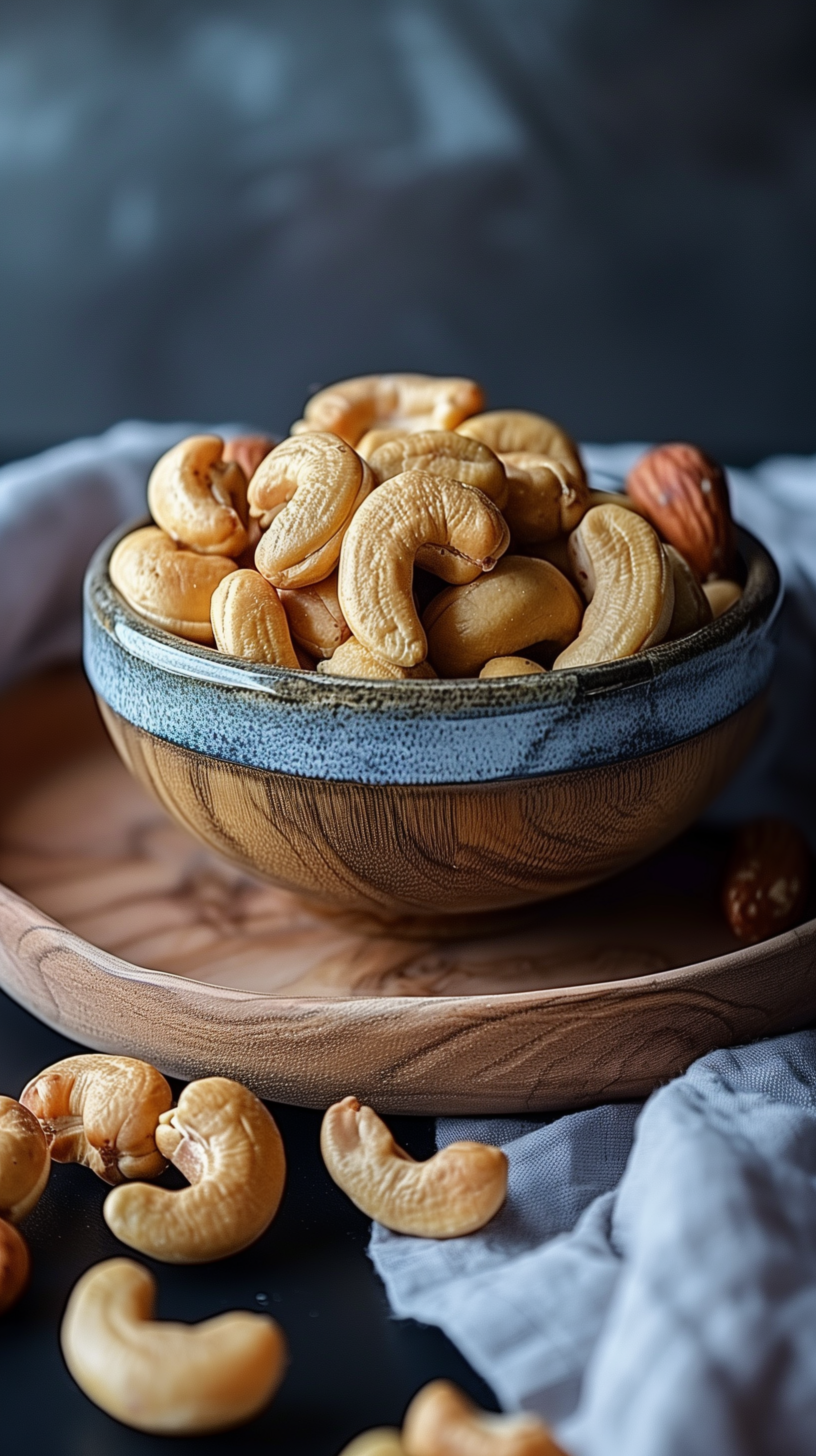 Vertical phone wallpaper featuring a bowl full of cashew nuts on a dark background with a moody aesthetic.