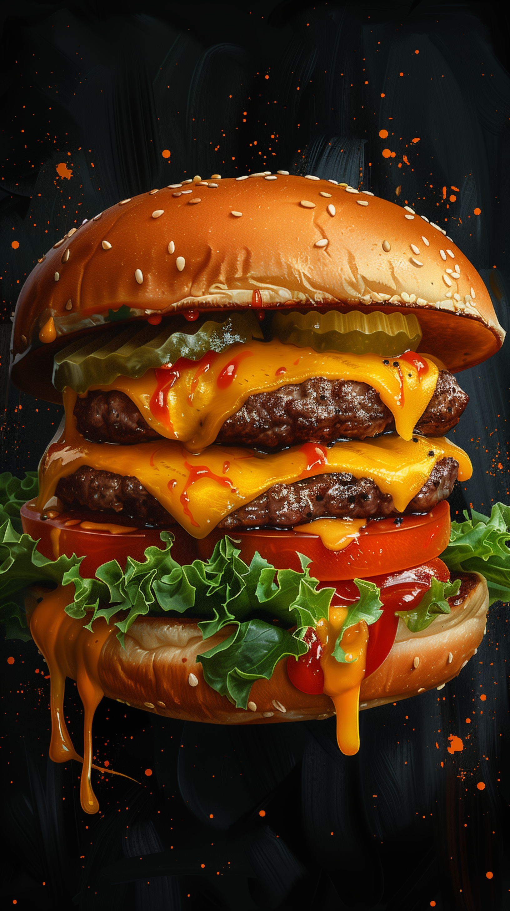 A mouthwatering cheeseburger with melted cheese, fresh lettuce, and pickles, set against a vibrant backdrop, makes an appetizing phone wallpaper.