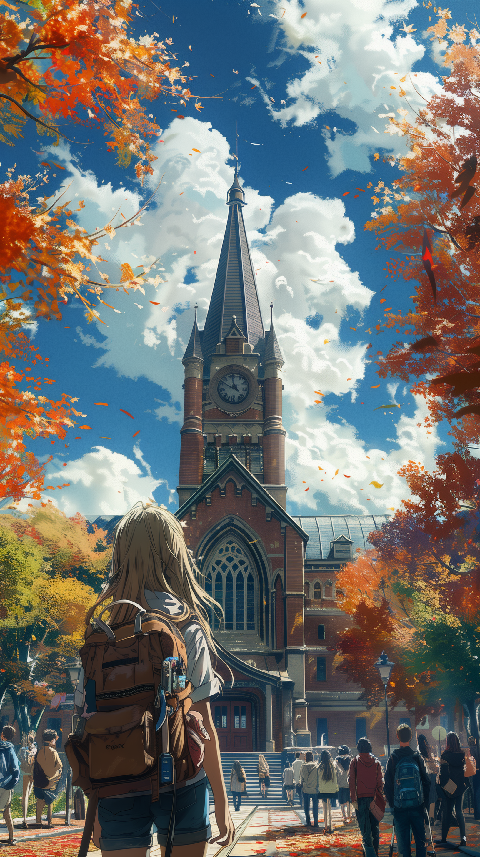 A high school scene captures a student gazing at a grand clock tower surrounded by vibrant autumn trees and classmates, creating a nostalgic phone wallpaper.