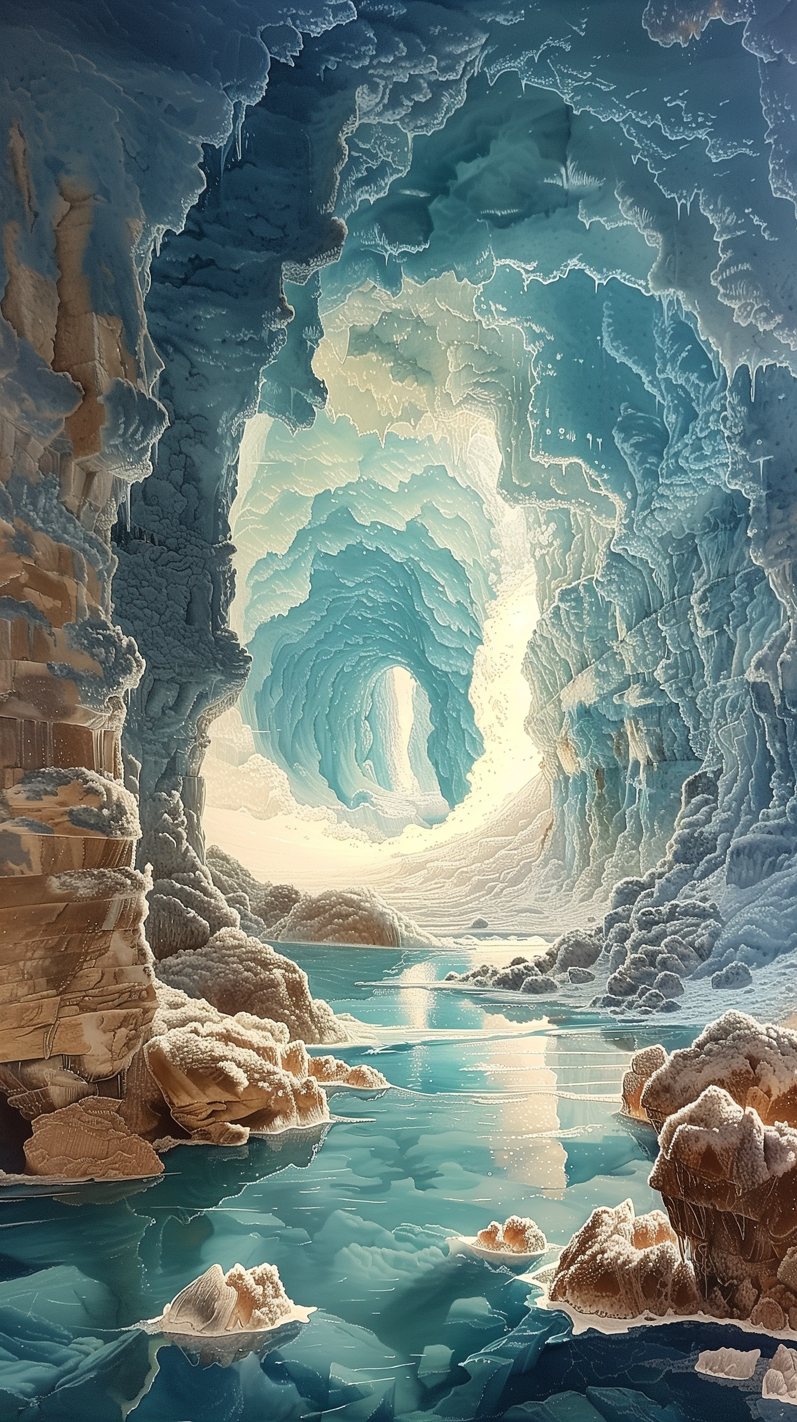 Ice cave phone wallpaper showing a serene blue glacier interior with reflections on water.