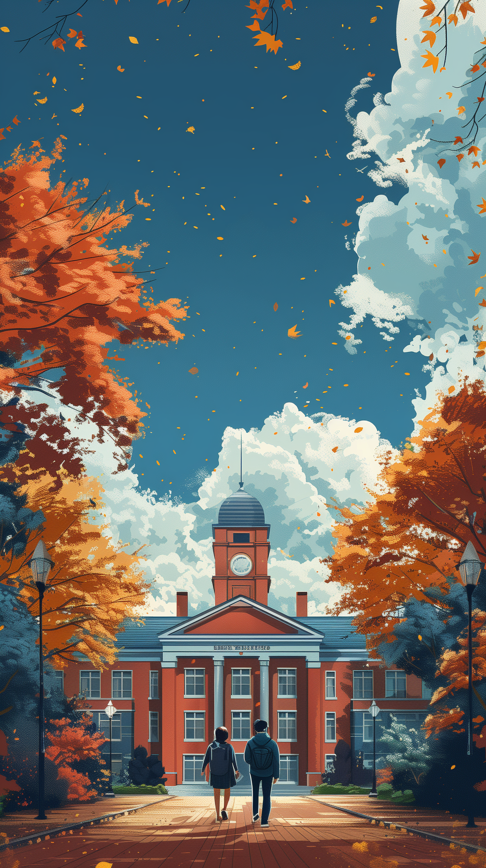 Autumn-themed high school illustration for phone wallpaper, featuring students walking towards a brick school building surrounded by colorful fall foliage.