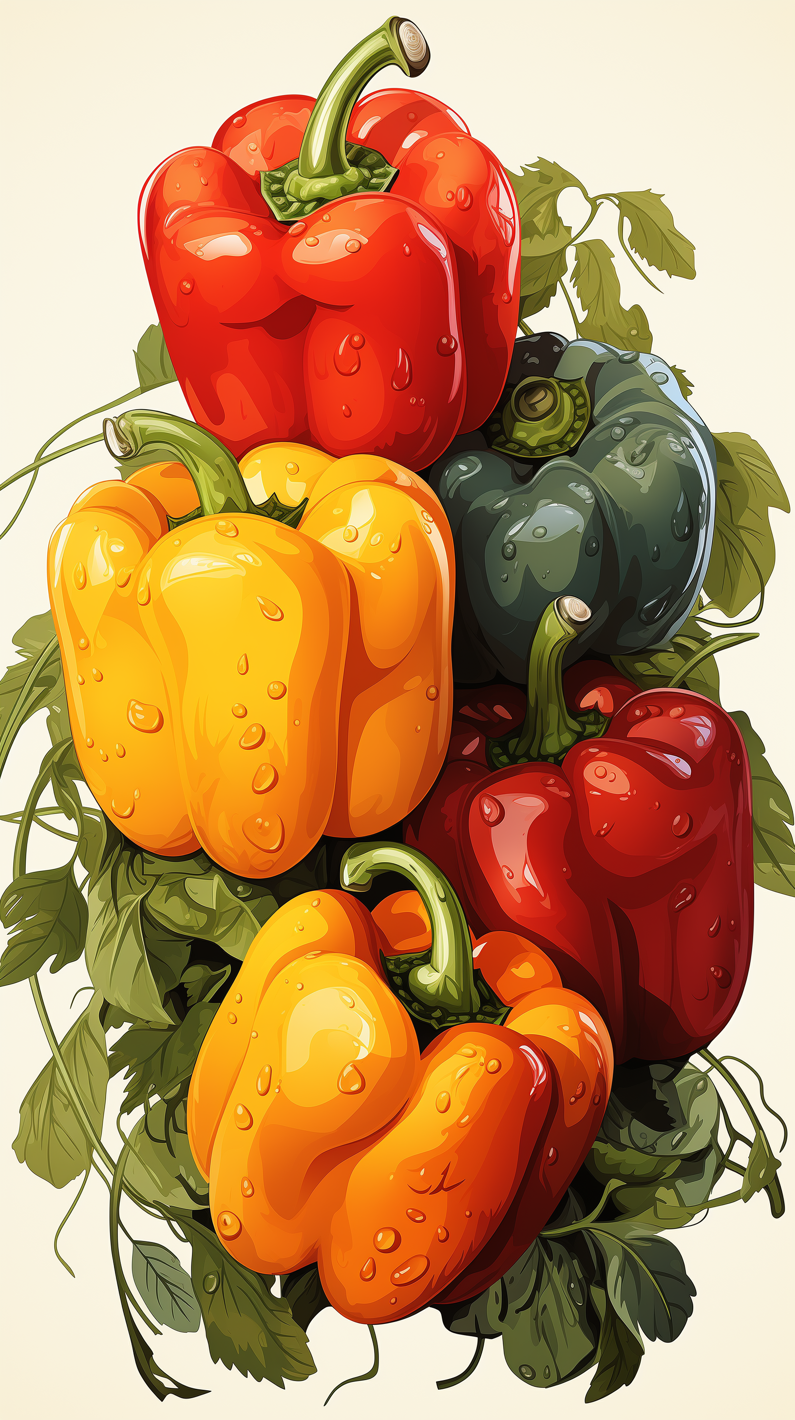 A vibrant illustration of stacked bell peppers in red, yellow, orange, and green, adorned with droplets, serving as a lively phone wallpaper.