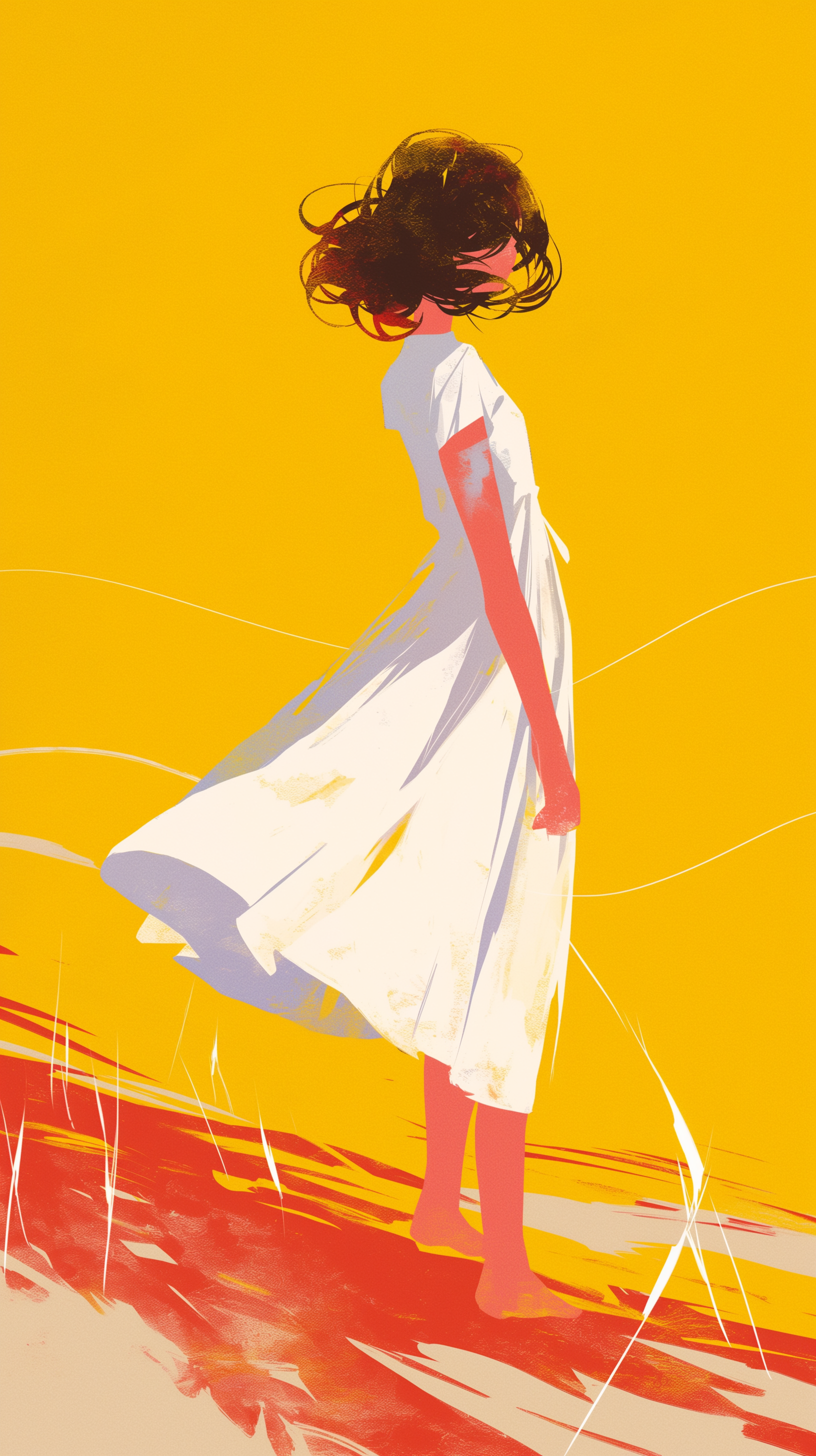 Girl in white sundress on yellow background for phone wallpaper.