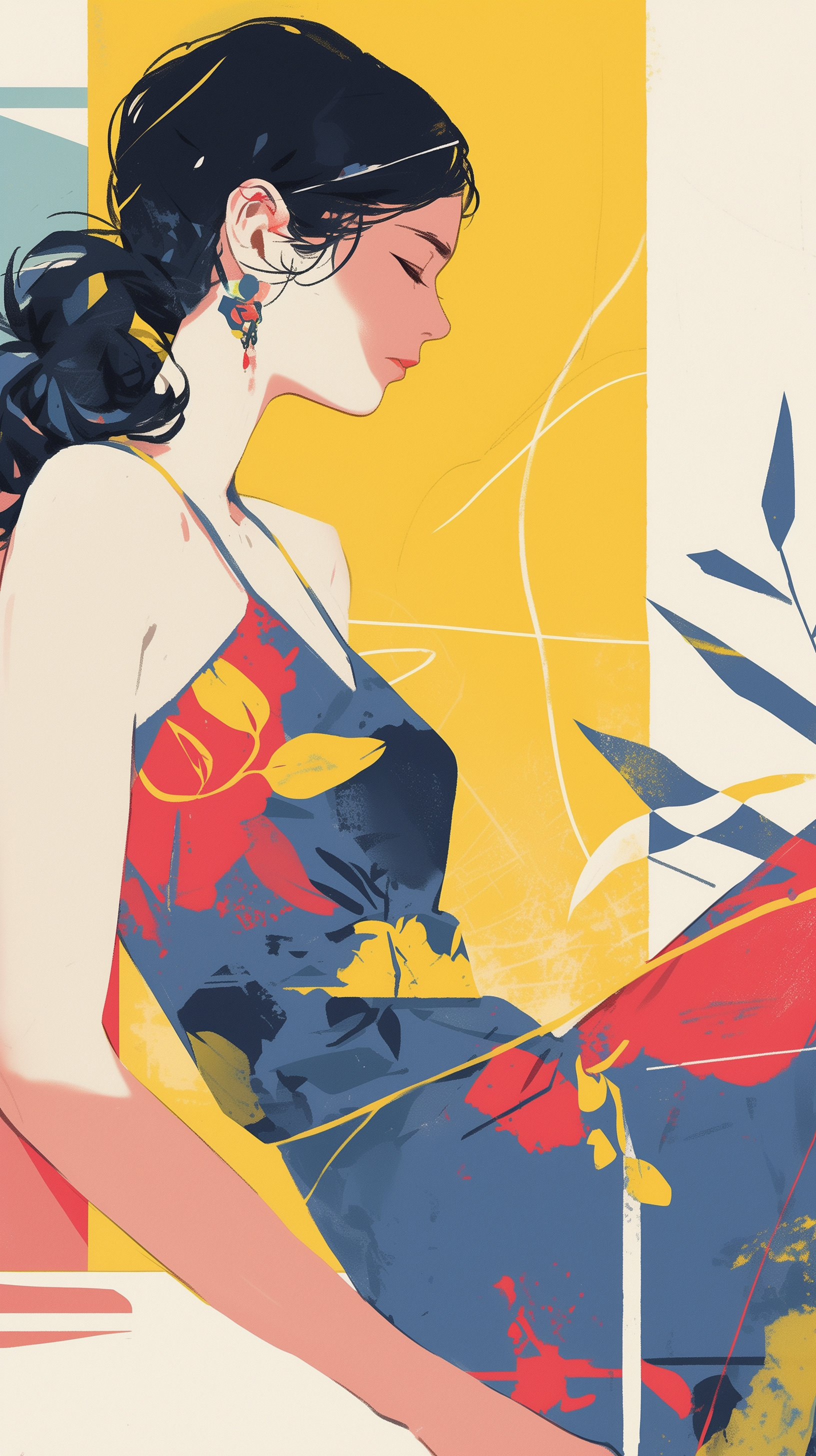 Illustration of a stylish woman in a floral sundress for a chic phone wallpaper.