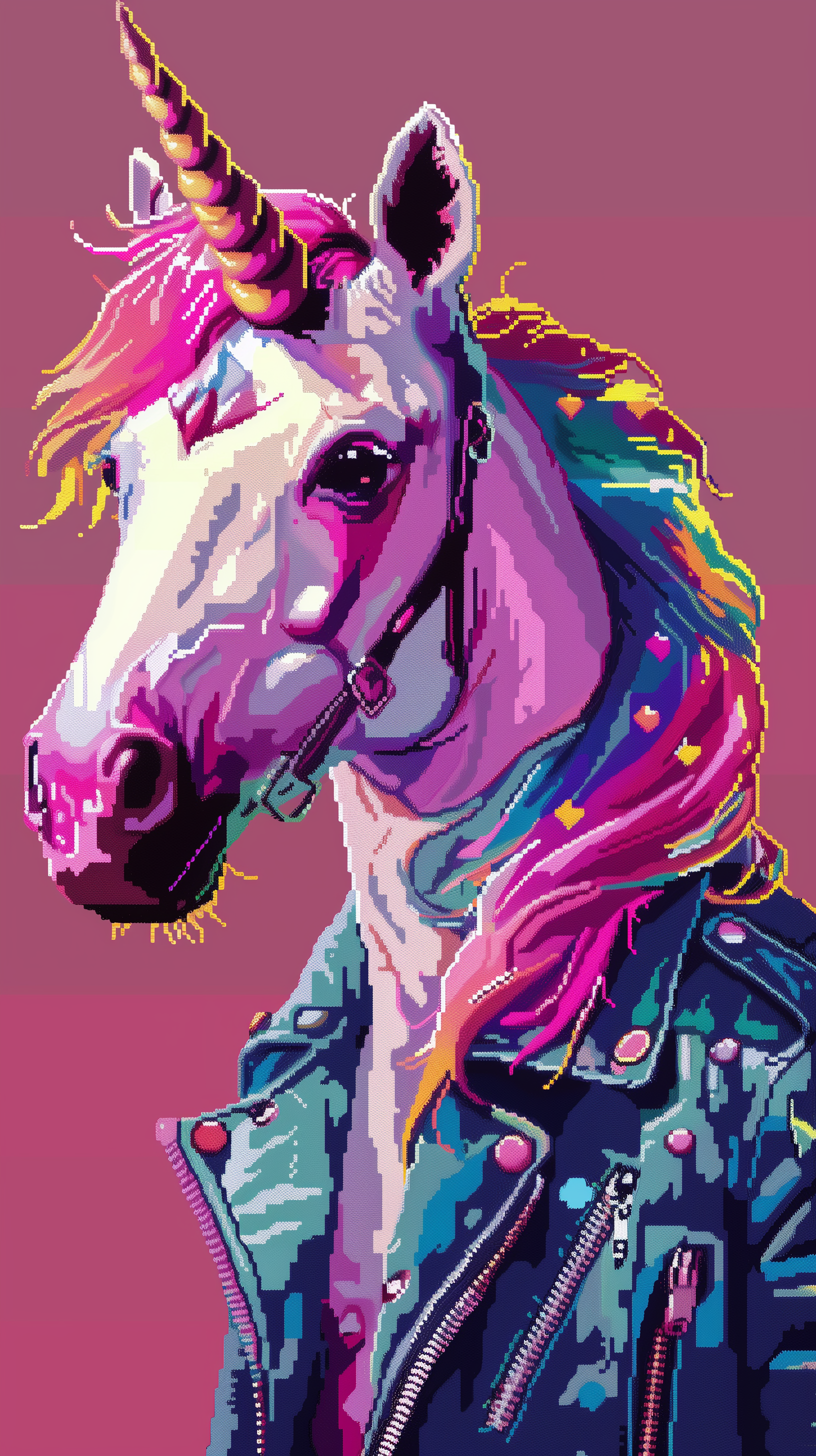 A vibrant unicorn with a colorful mane and a leather jacket, set against a bold pink background, serves as an eye-catching phone wallpaper.