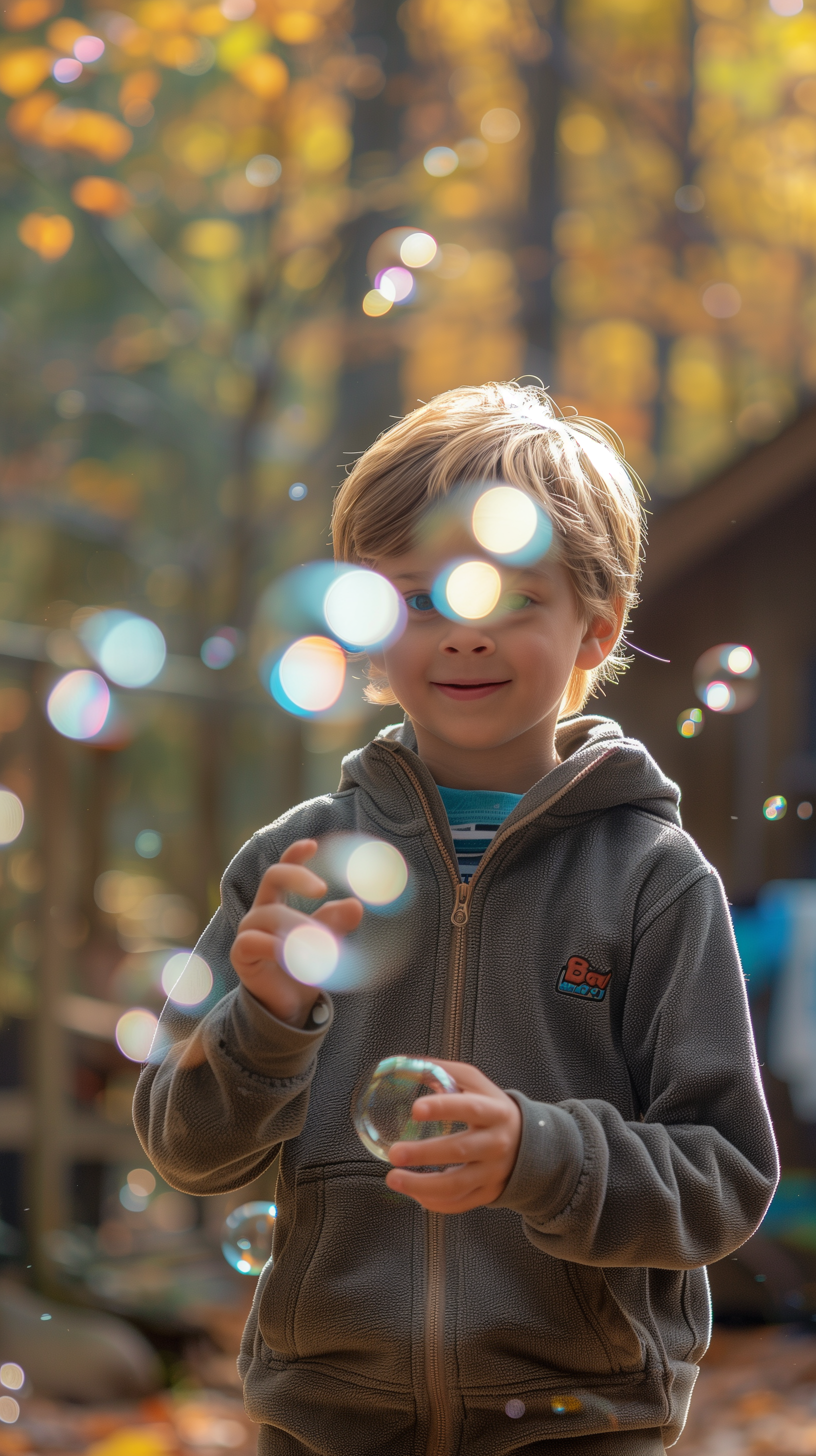 A joyful child is surrounded by floating bubbles, smiling as he plays outdoors. This enchanting scene makes for a captivating phone wallpaper.