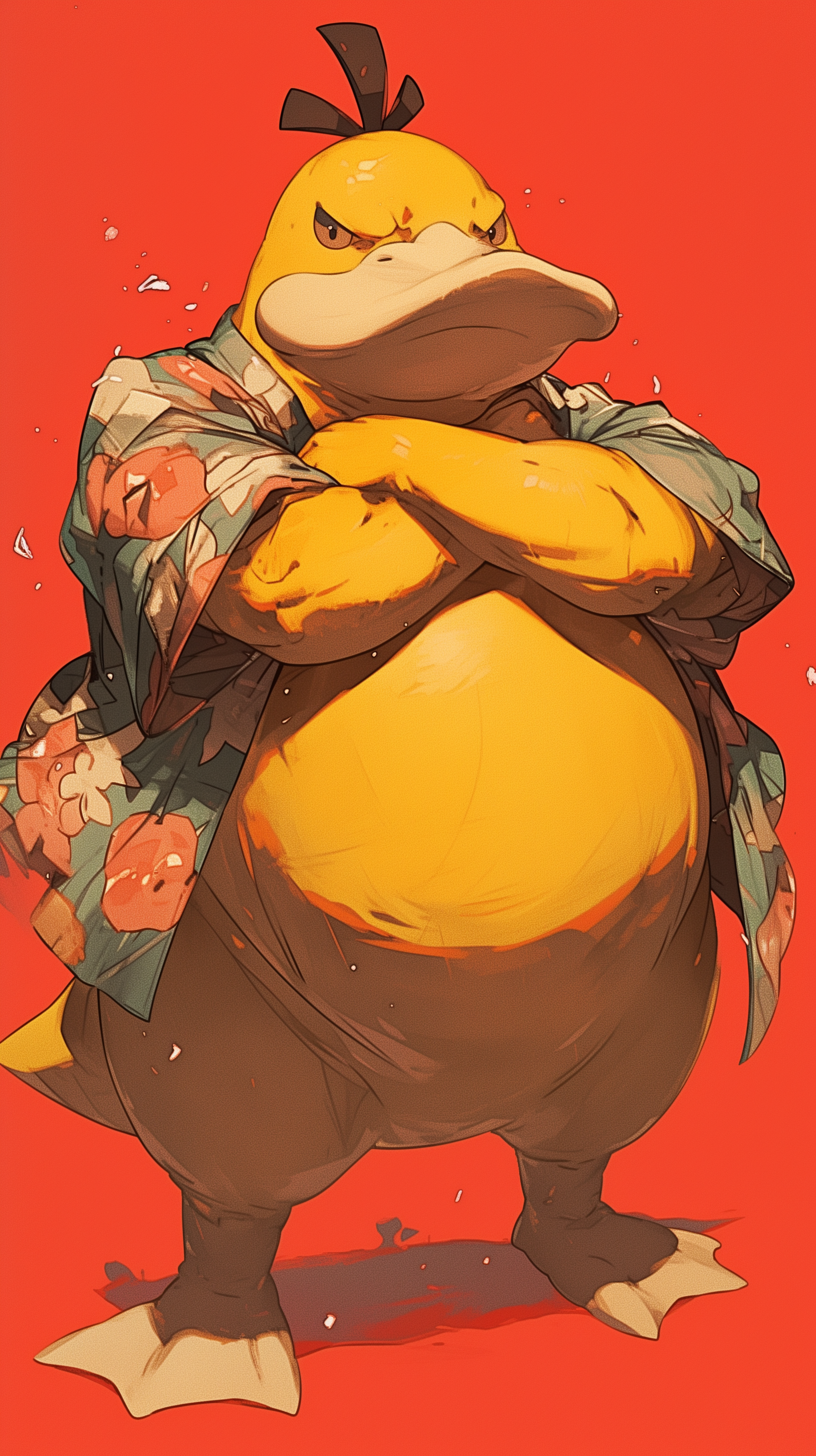 Stylish Psyduck Pokémon illustrated phone wallpaper with a vibrant red background.