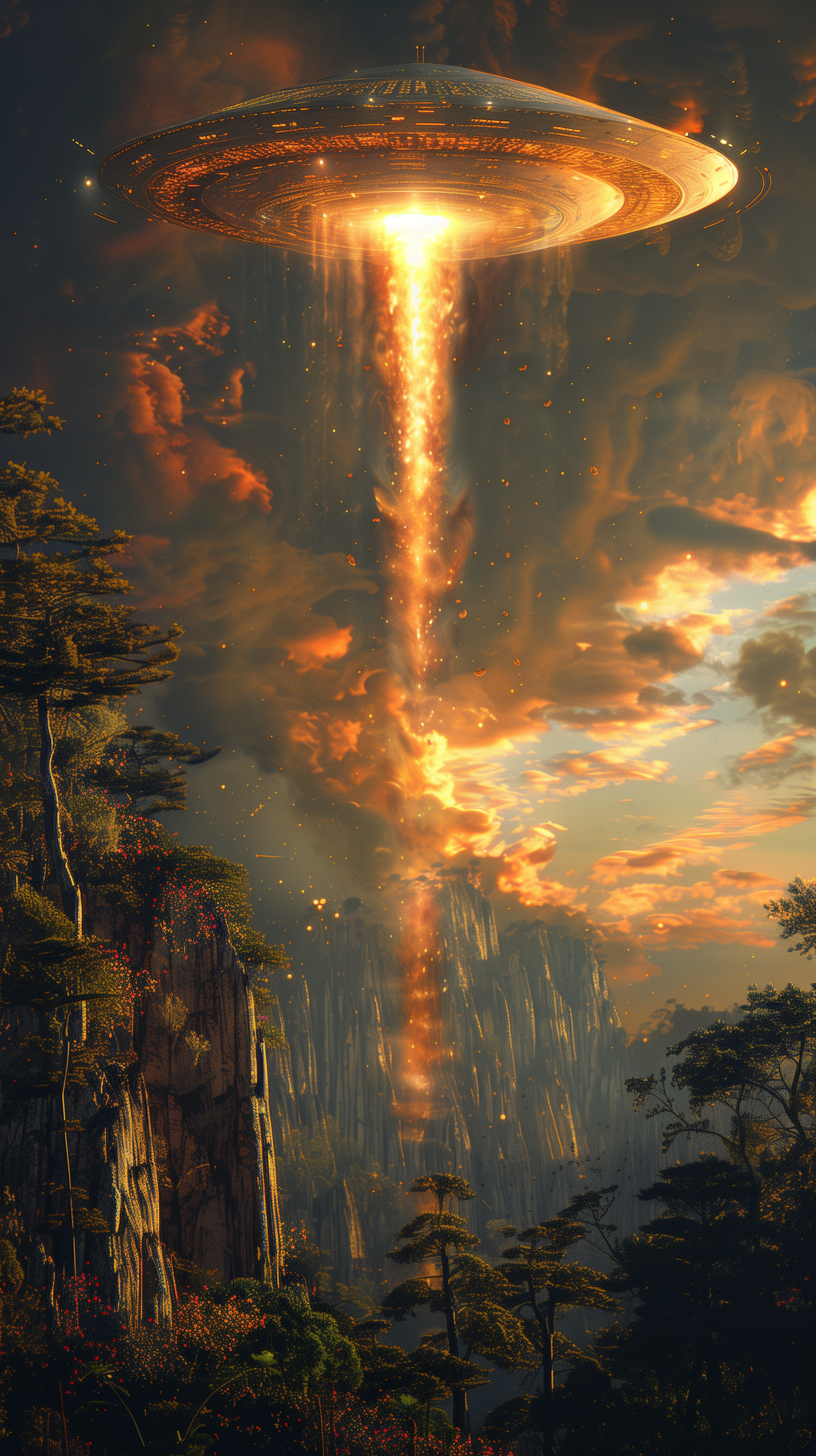 UFO emitting light beam over forest landscape phone wallpaper