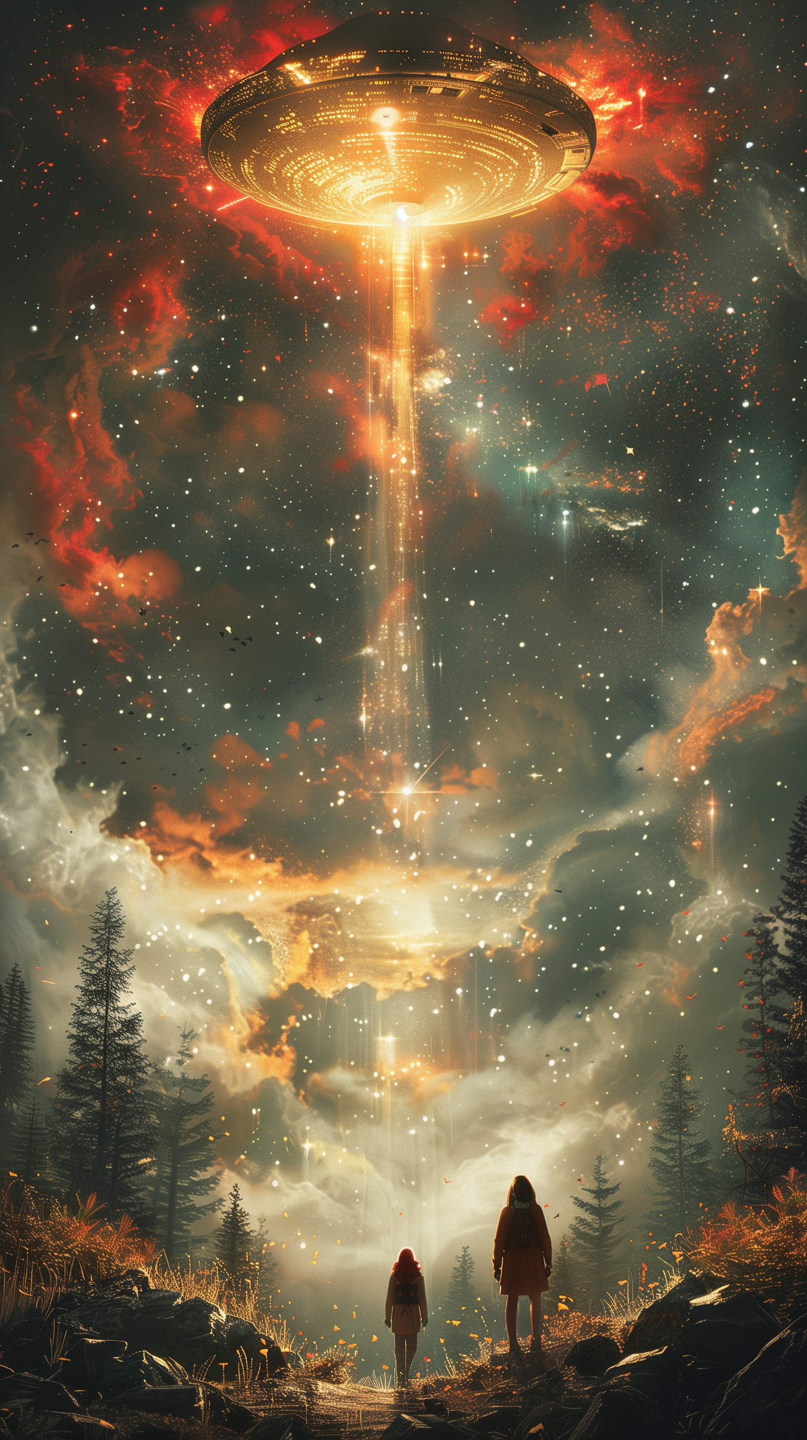 A stunning phone wallpaper featuring a UFO beaming light down into a starry sky, with two figures standing in awe amidst a vibrant cosmic landscape.