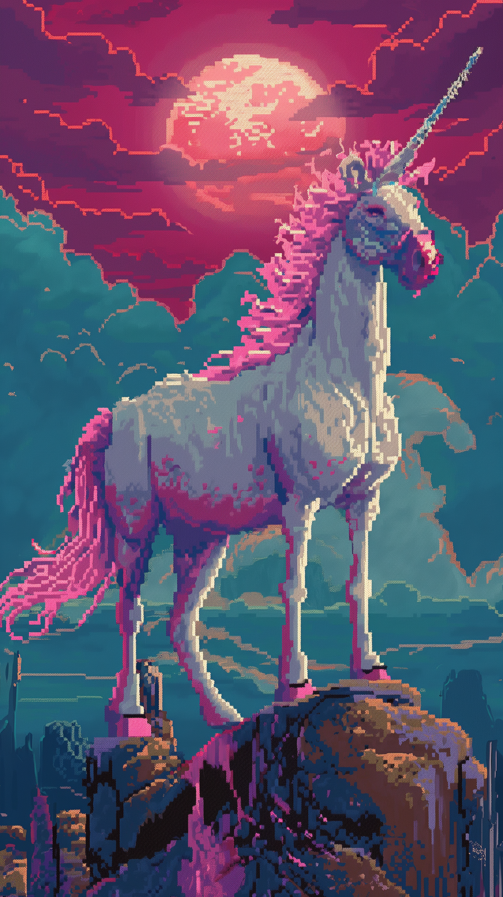 A vibrant pixel art unicorn stands majestically on a rocky ledge under a colorful sky, making for an enchanting phone wallpaper.
