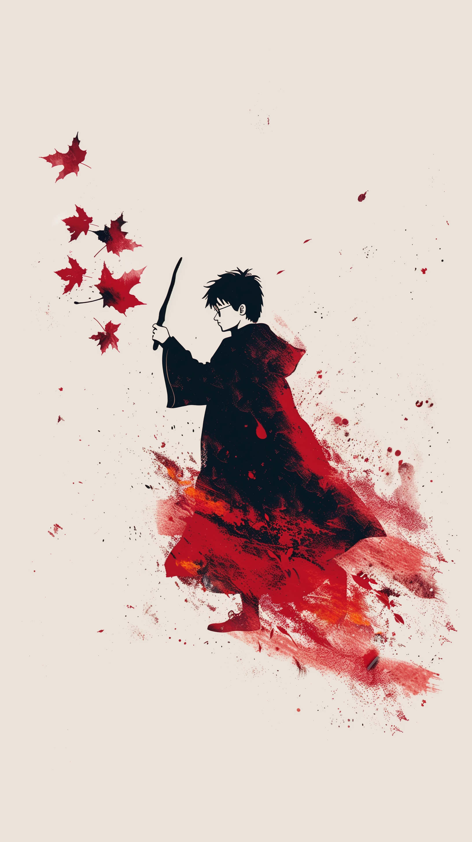 Harry Potter inspired phone wallpaper featuring a stylized silhouette of a wizard with a wand amidst red magical splashes and leaves.