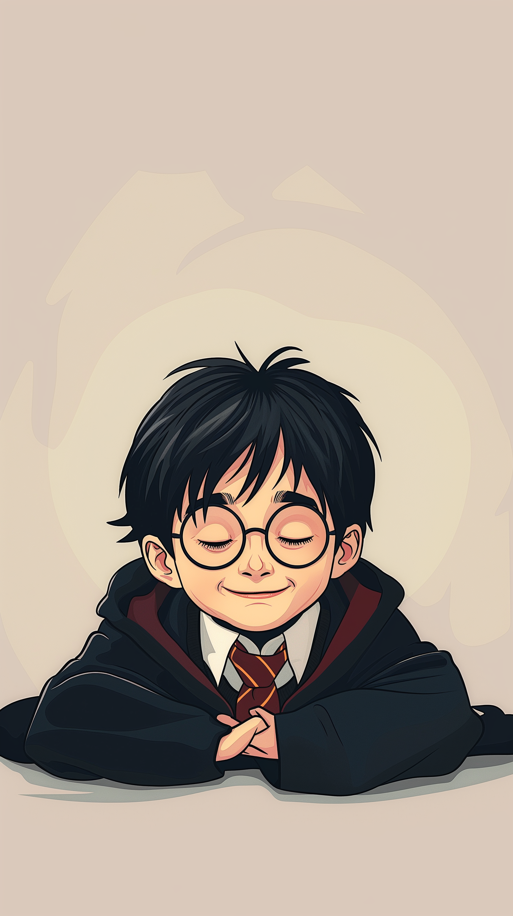 Cute Harry Potter illustration for phone wallpaper with a smiling animated character in Hogwarts uniform.