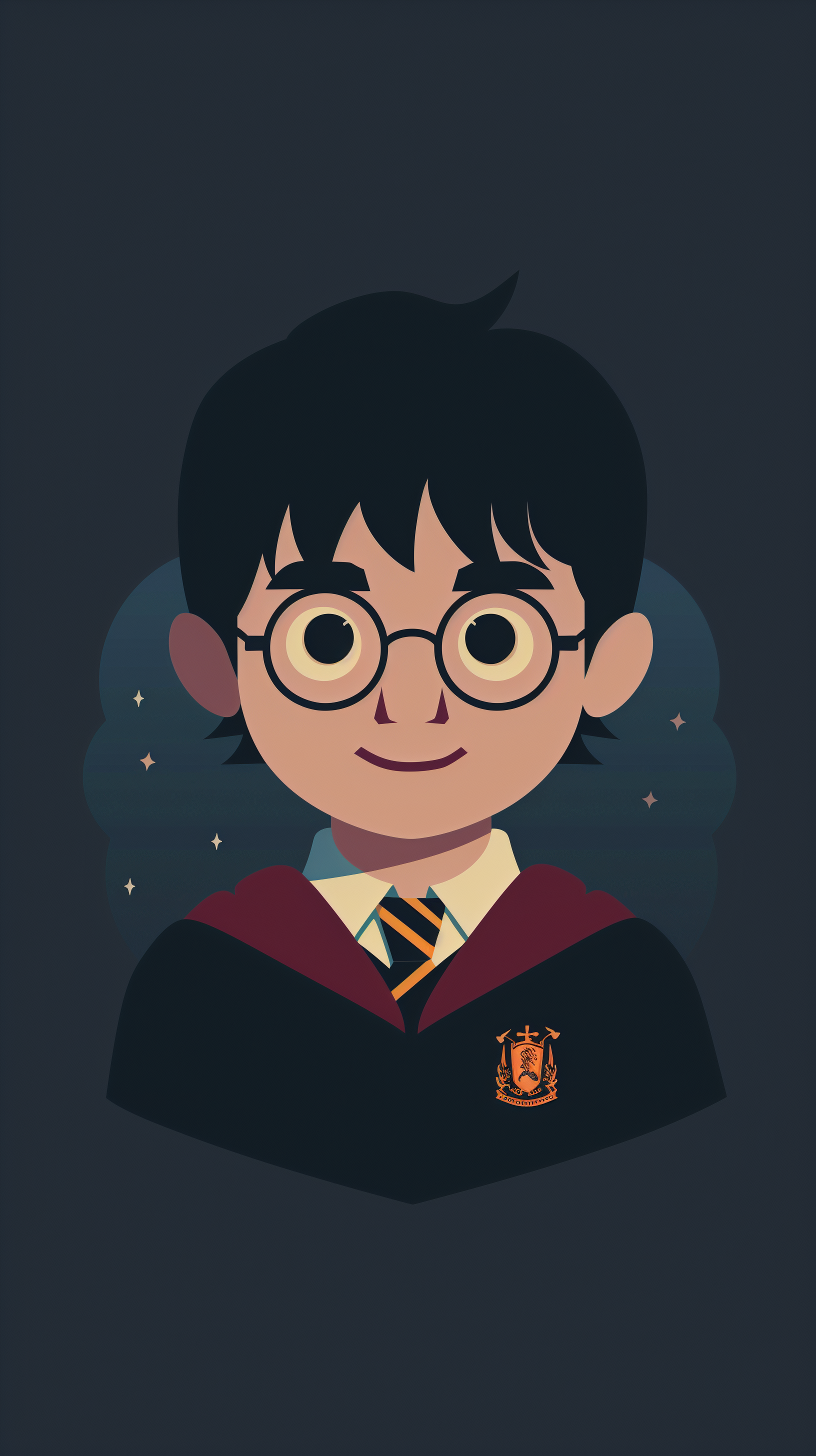 Harry Potter themed phone wallpaper featuring a stylized illustration of a young wizard with glasses and a Gryffindor scarf.