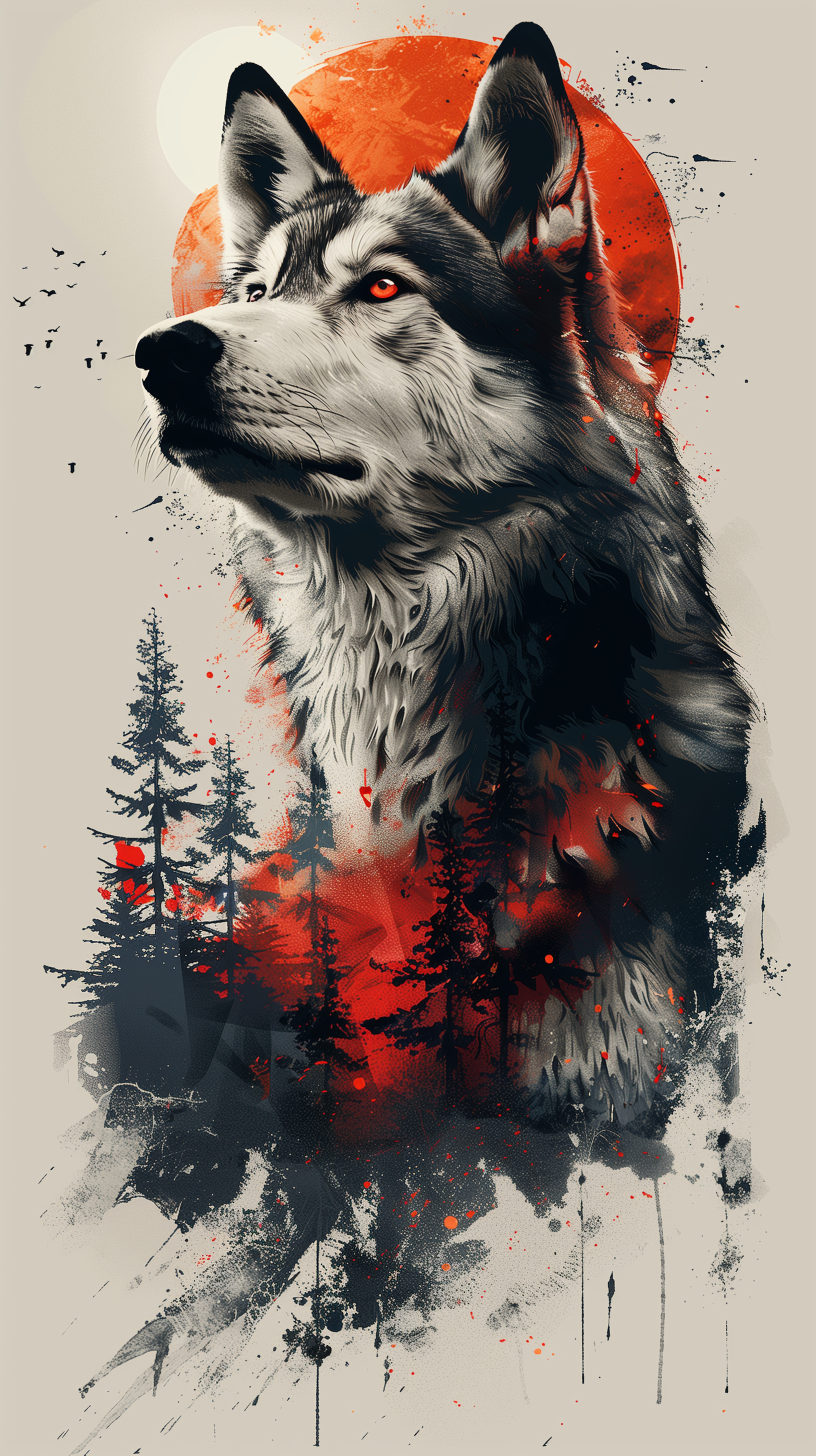 A striking phone wallpaper featuring a husky dog, with vivid red accents and a silhouette of trees, creating an intense and artistic atmosphere.