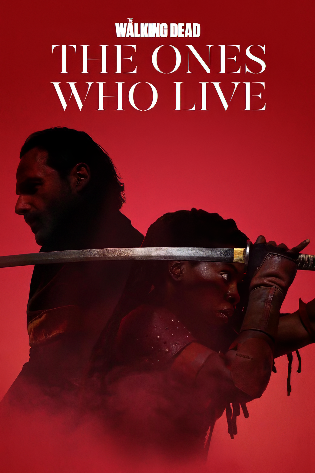 The Walking Dead: The Ones Who Live TV show promotional phone wallpaper featuring silhouettes of two characters against a red backdrop.