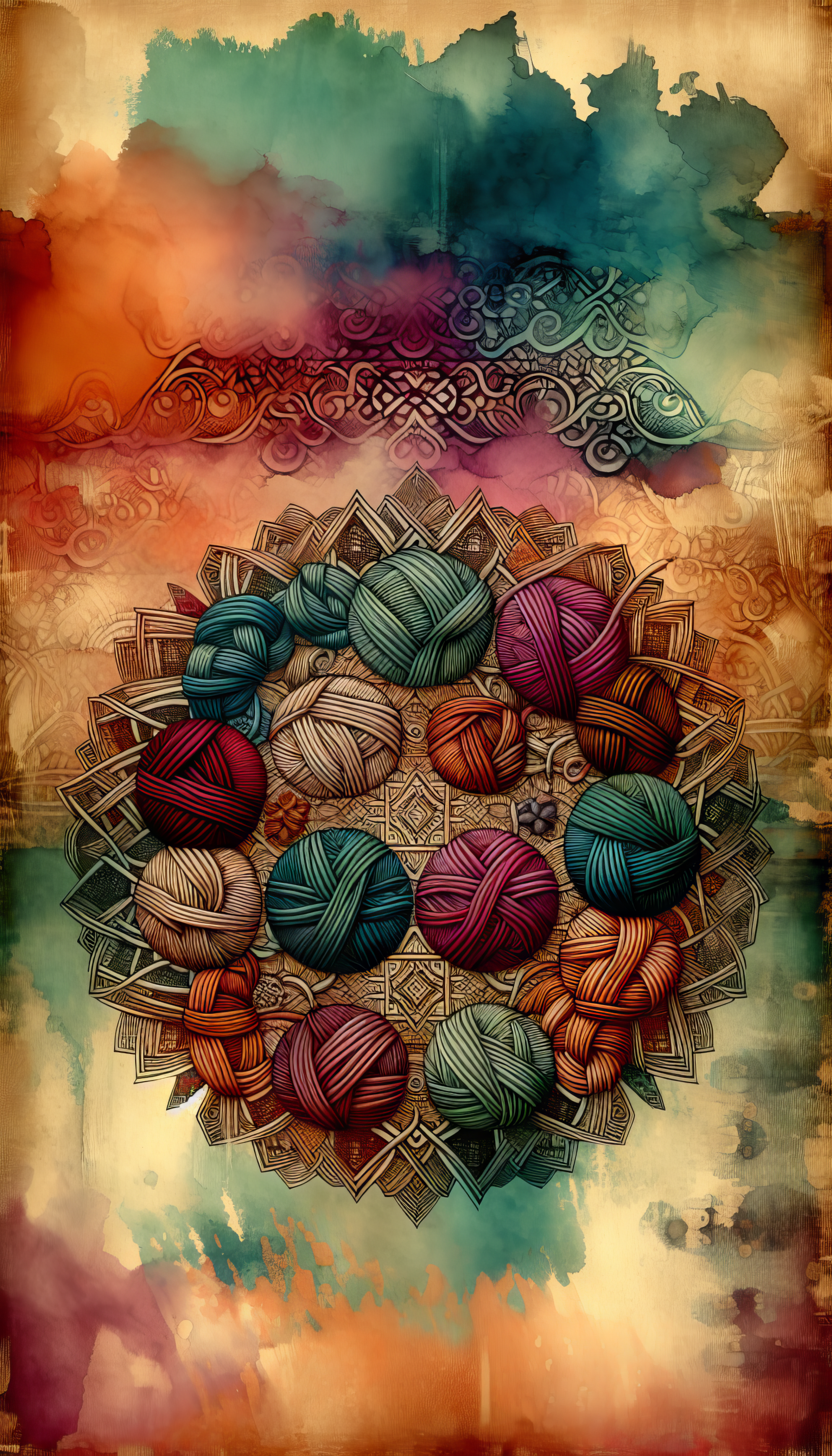 A vibrant phone wallpaper featuring a colorful arrangement of knitted yarn balls set against an artistic, abstract background with rich hues and intricate patterns.
