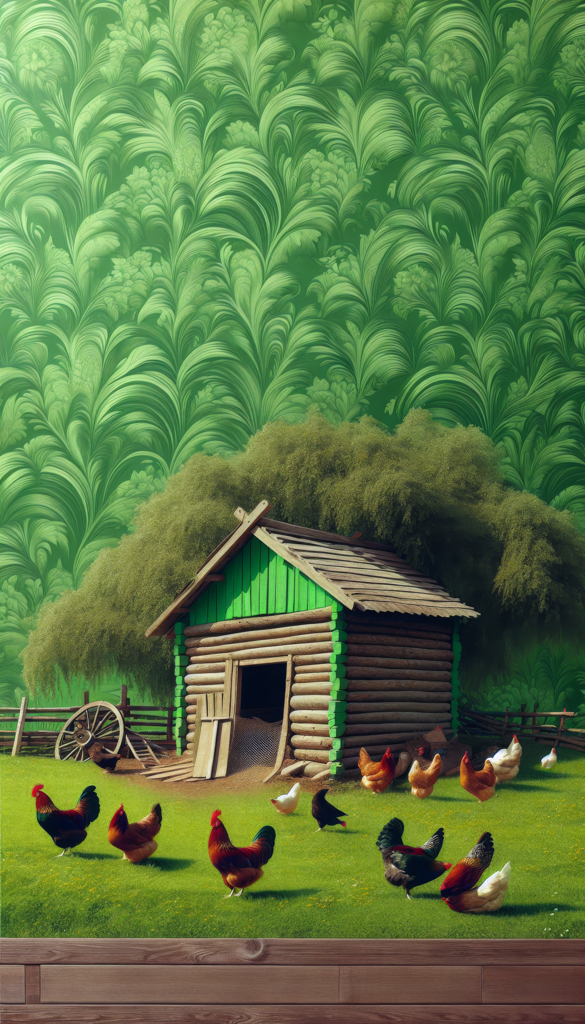 A vibrant phone wallpaper featuring a rustic chicken coop surrounded by colorful chickens and lush greenery, creating a lively pastoral scene.