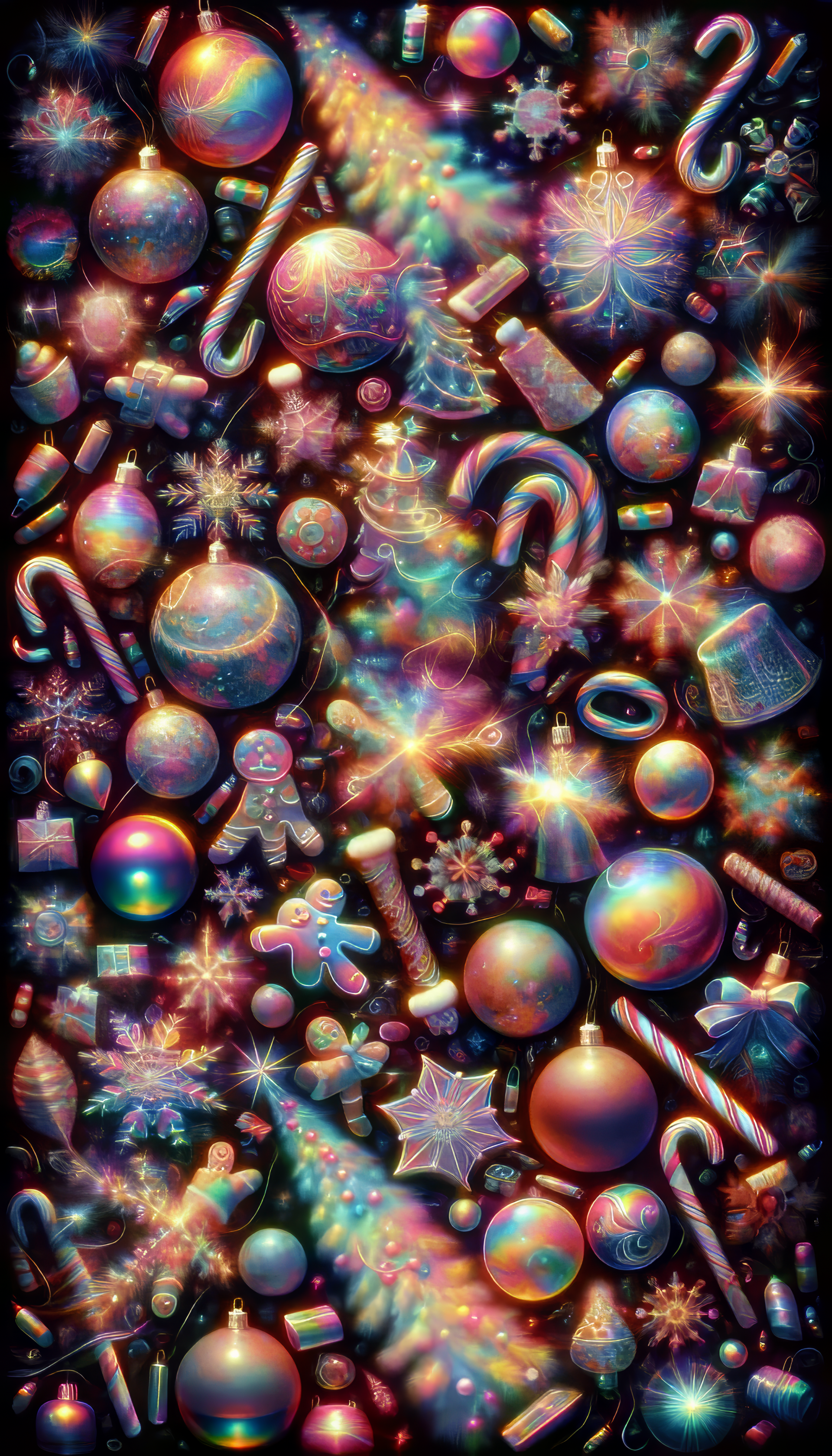 Vibrant Christmas decorations themed phone wallpaper with sparkling ornaments and lights.