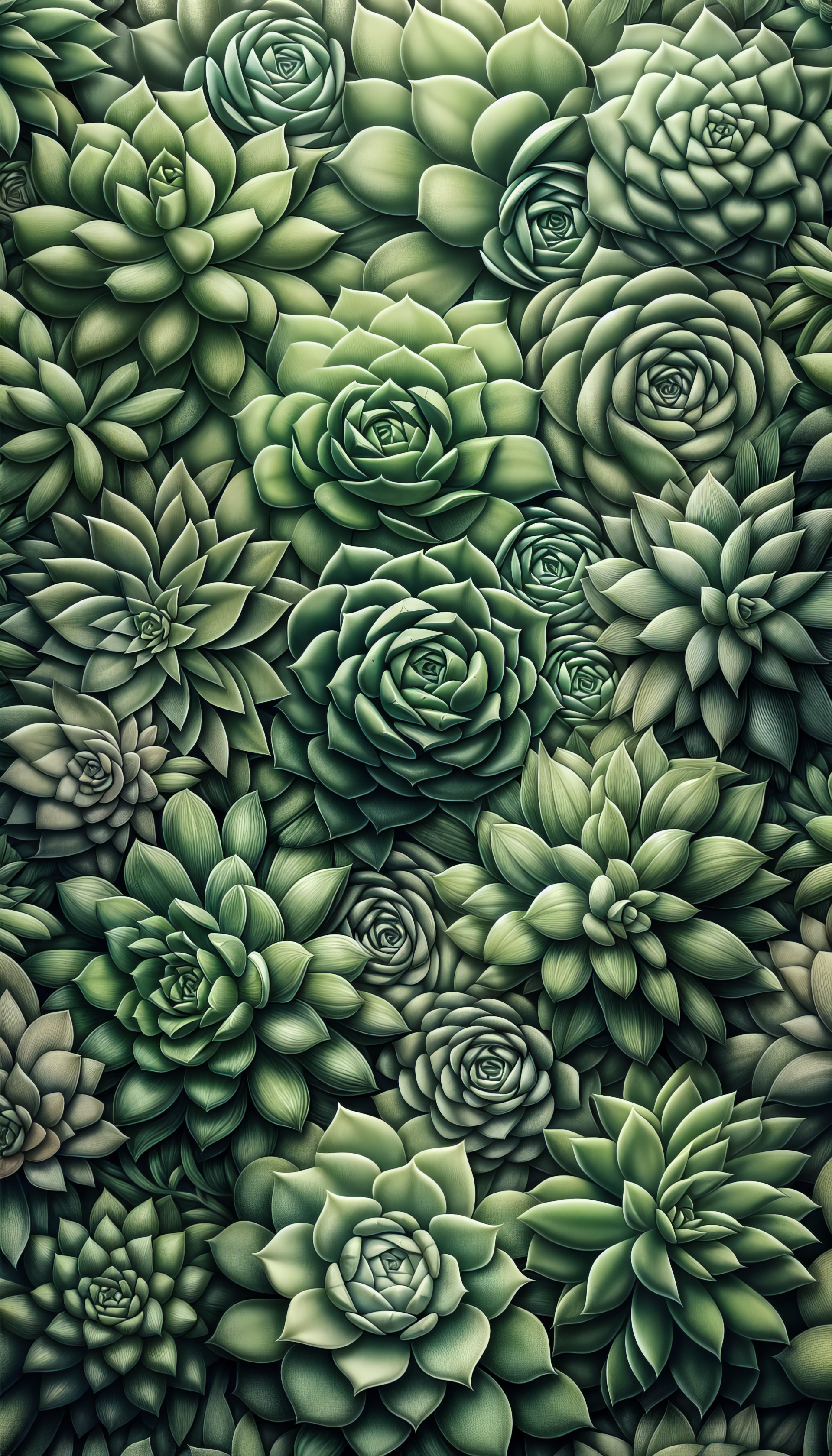 A vibrant phone wallpaper featuring a lush arrangement of various succulents in shades of green, creating a soothing and natural visual texture.