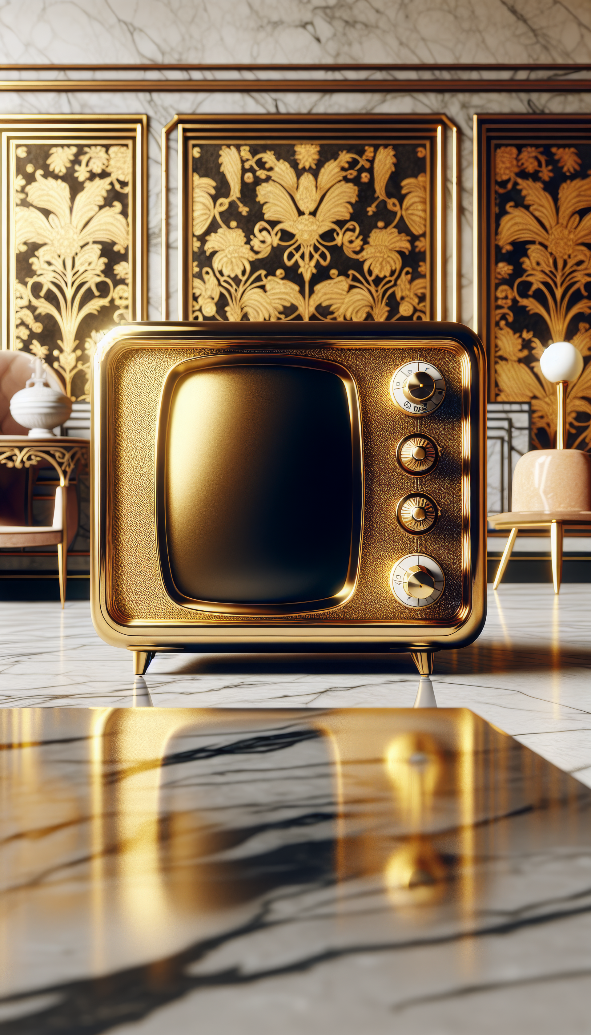 A vintage golden television sits elegantly in a stylish room with intricate wall designs, serving as a striking phone wallpaper.