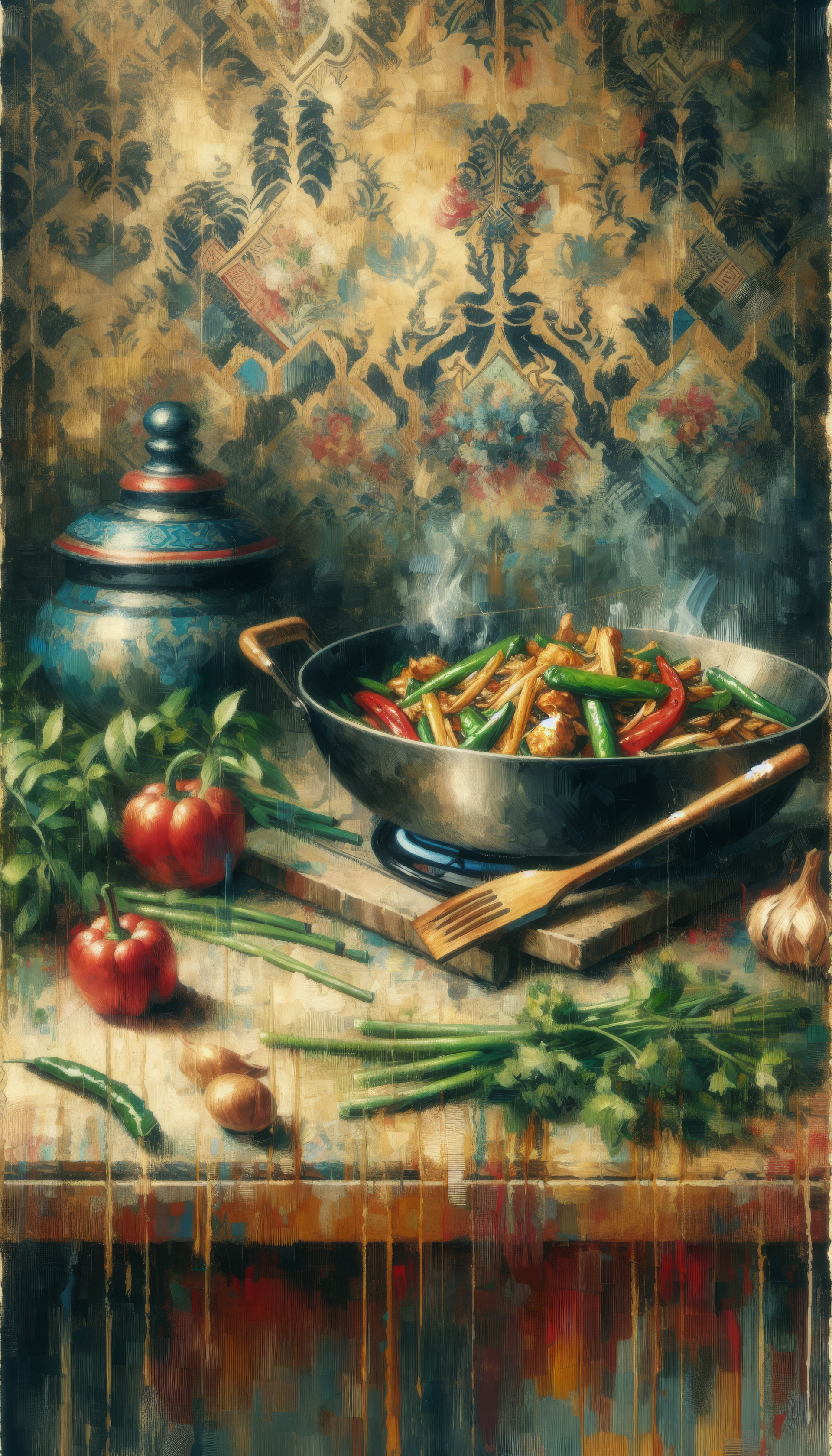 A vibrant stir-fry scene featuring a wok filled with colorful vegetables, set against a richly patterned background, making a captivating phone wallpaper.