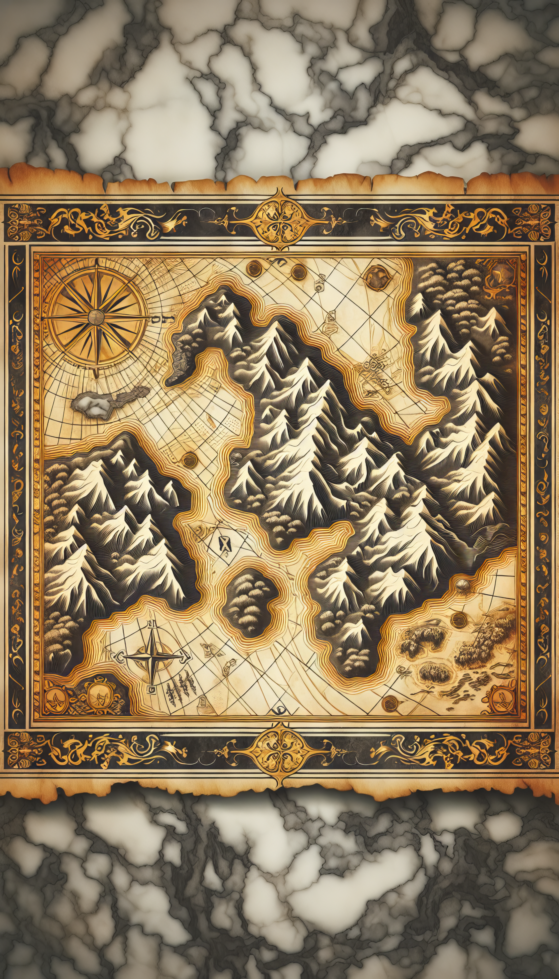 Antique-style treasure map wallpaper for phone with detailed mountains and compass rose on a marbled background.