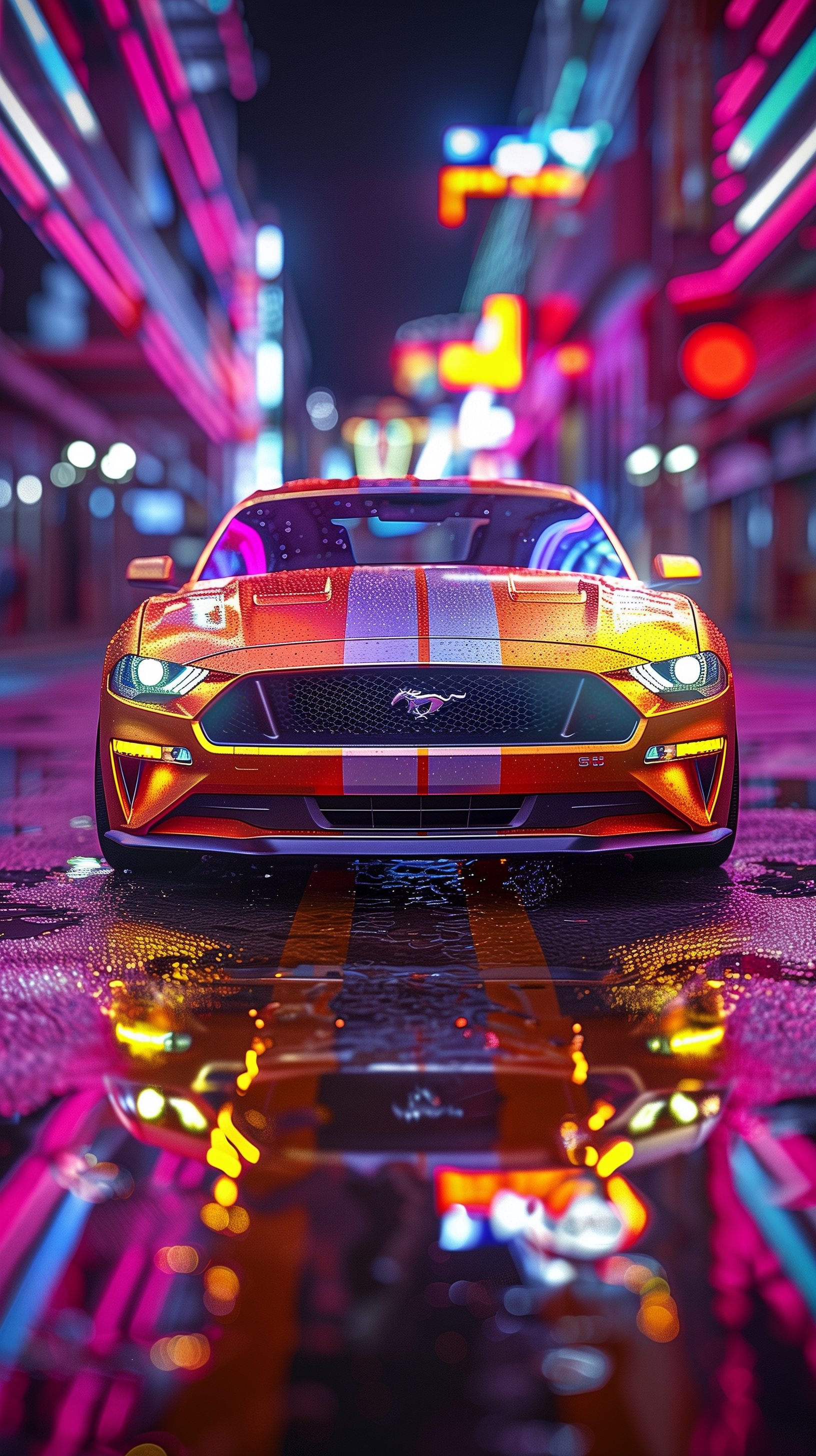 Ford Mustang phone wallpaper featuring a vibrant, neon-lit night scene with the iconic muscle car reflected on a wet urban street.