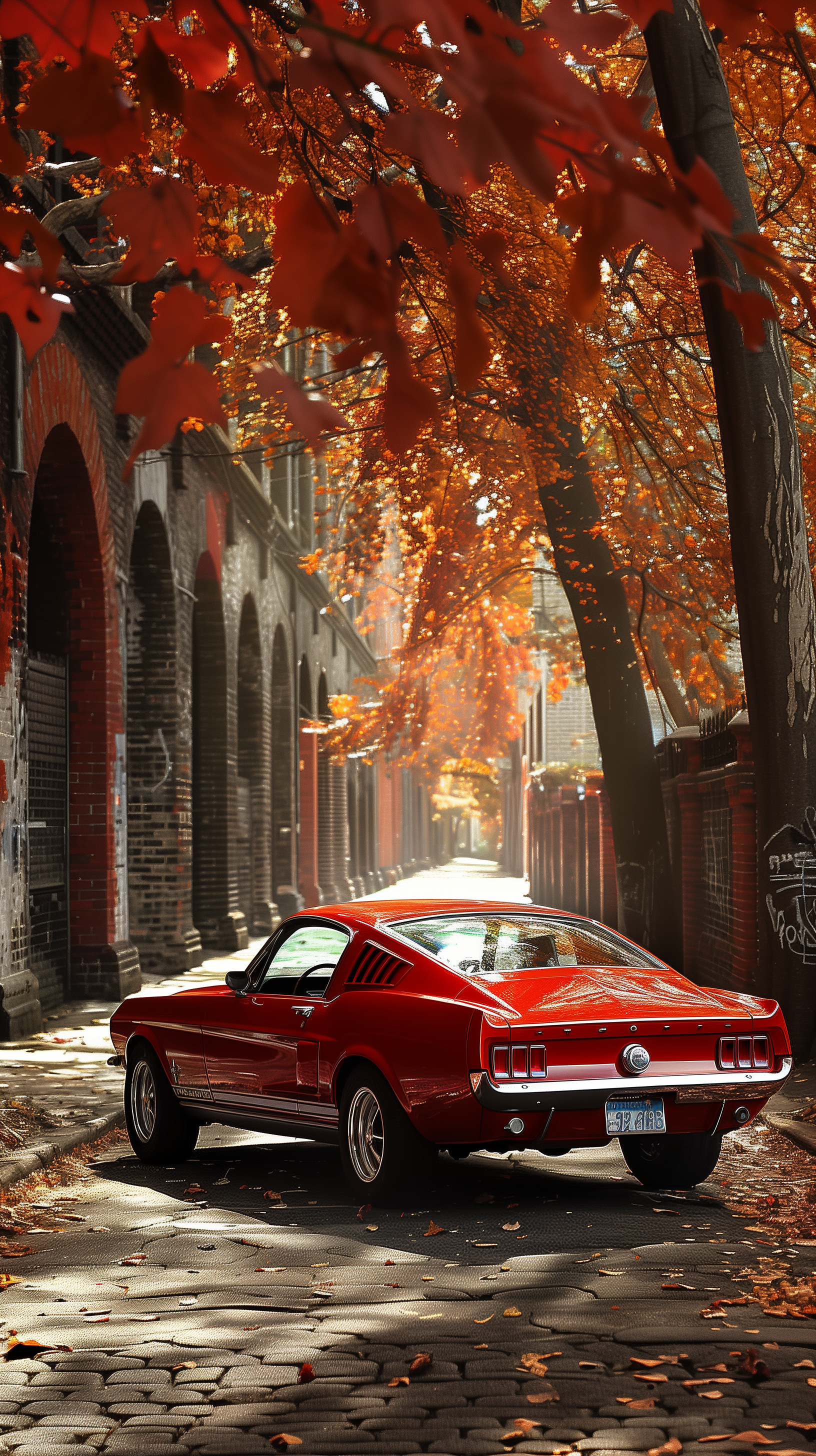 Red Ford Mustang classic car on a cobblestone street with autumn leaves for phone wallpaper.