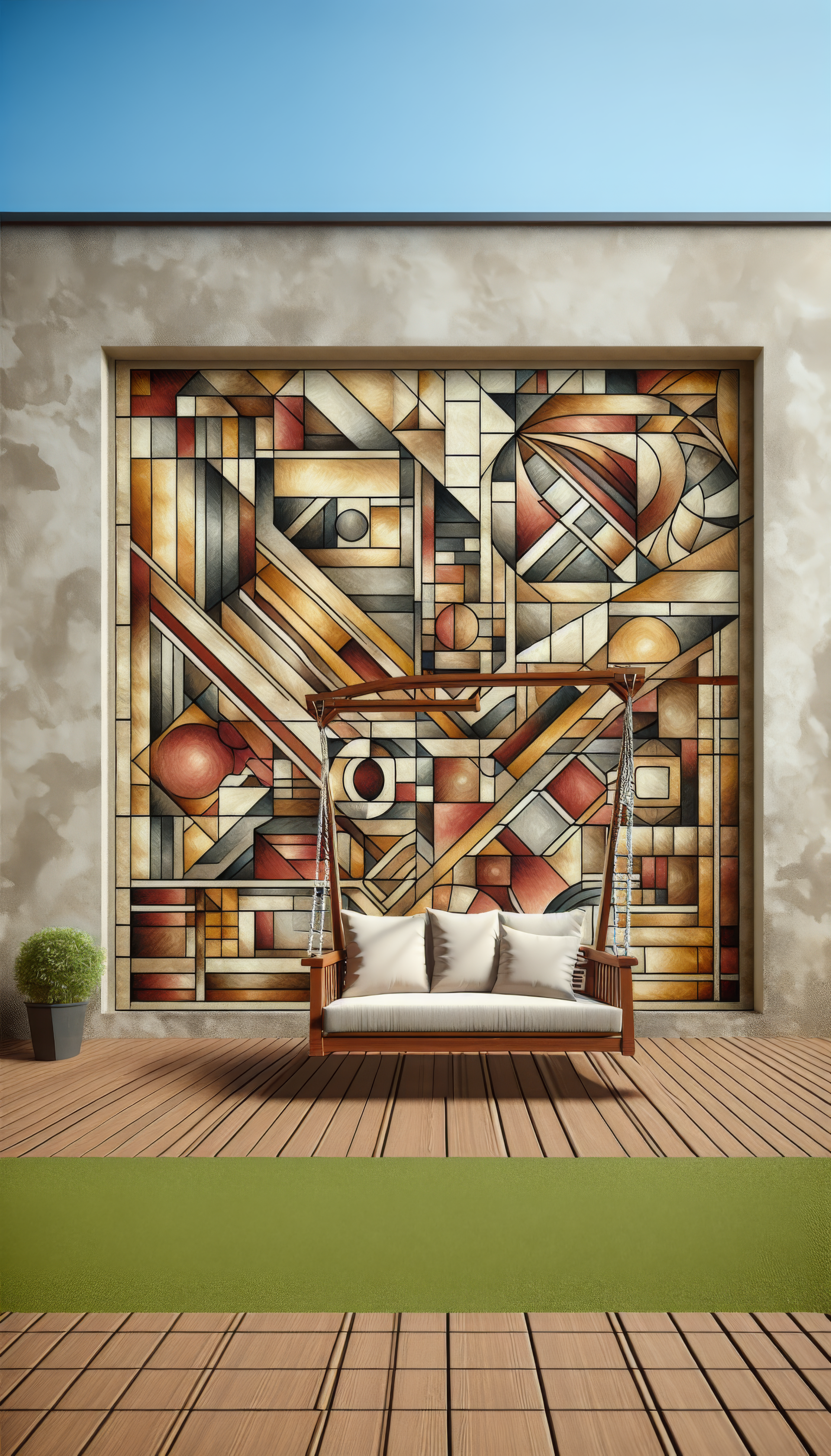 Artistic patio swing set against a cubist-style mural wallpaper for a stylish phone background.