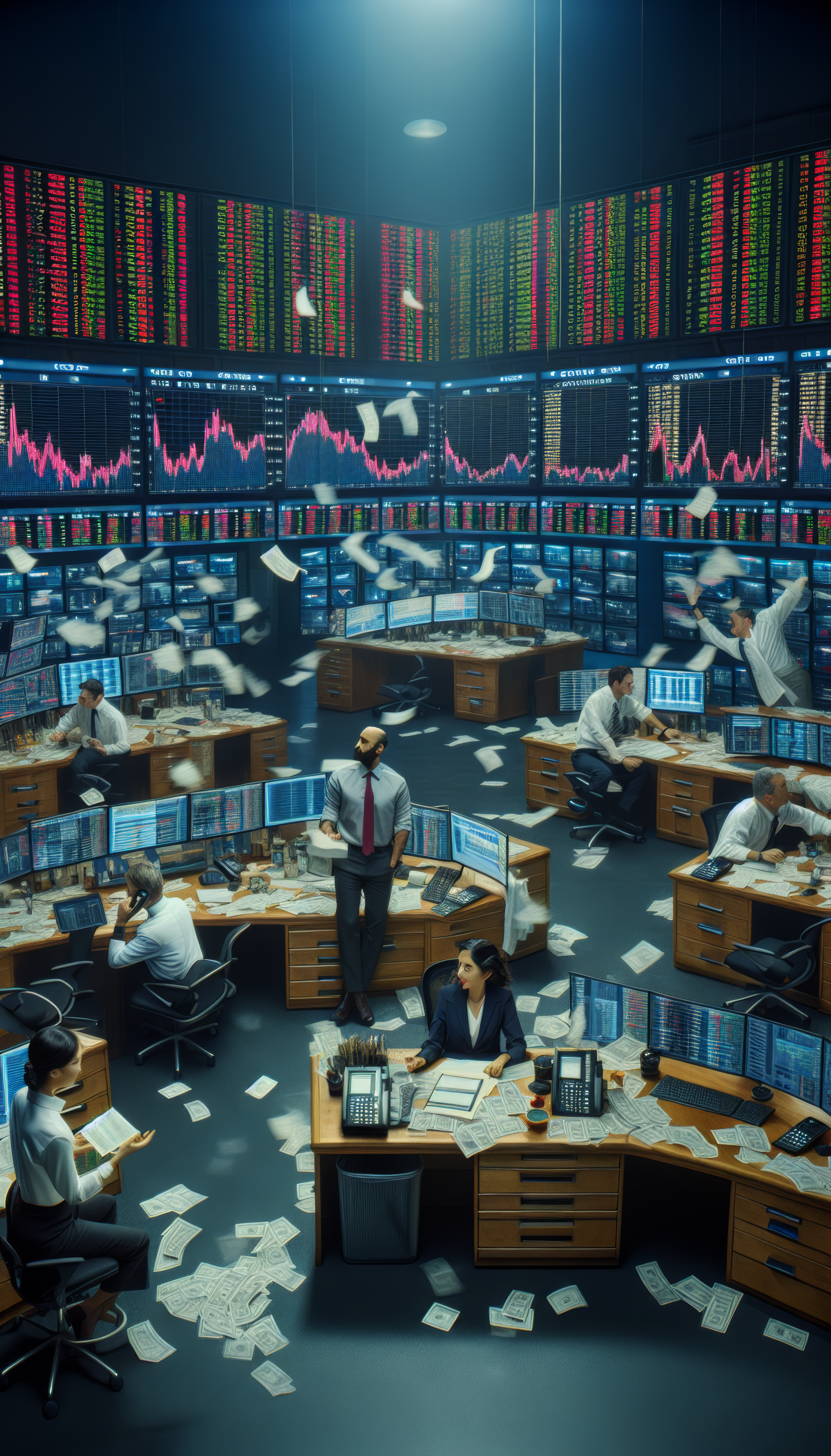 Mobile wallpaper depicting a bustling stock market trading floor with workers monitoring financial data on screens.