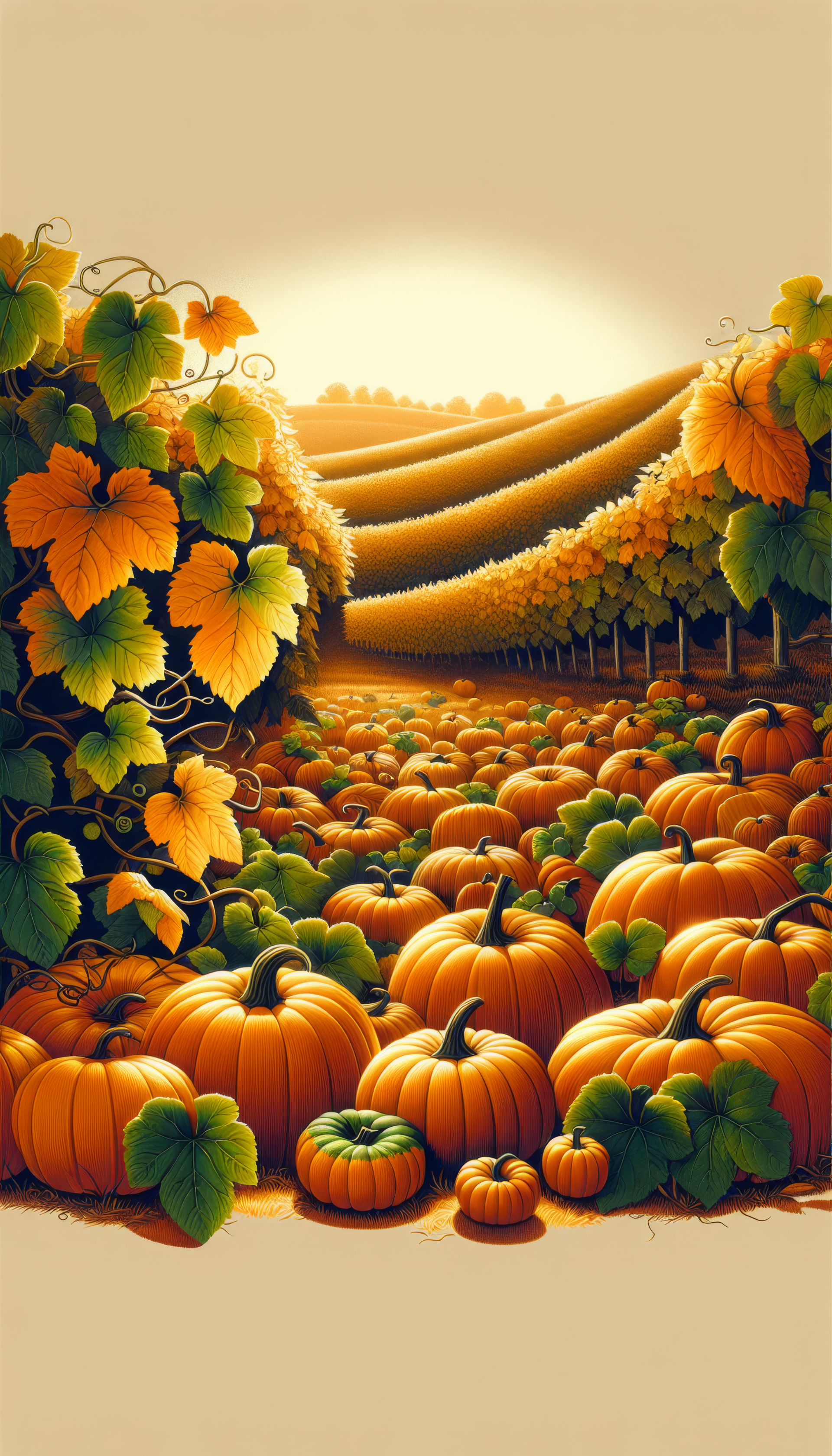 A vibrant pumpkin patch scene with numerous pumpkins nestled among lush greenery, illuminated by a warm sunset, designed as a phone wallpaper.