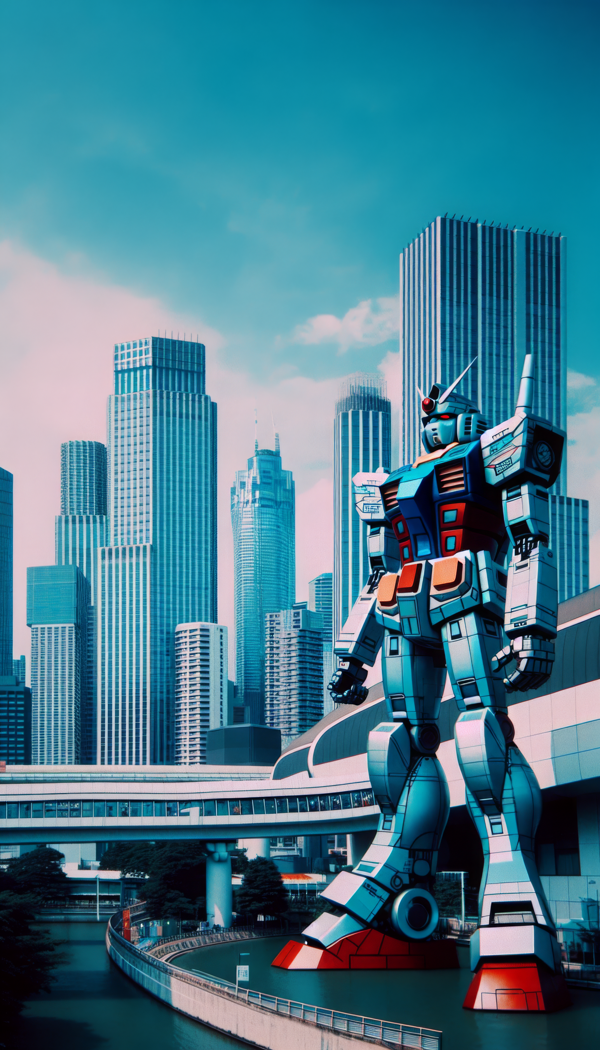 Futuristic giant robot towering over cityscape for a dynamic phone wallpaper.