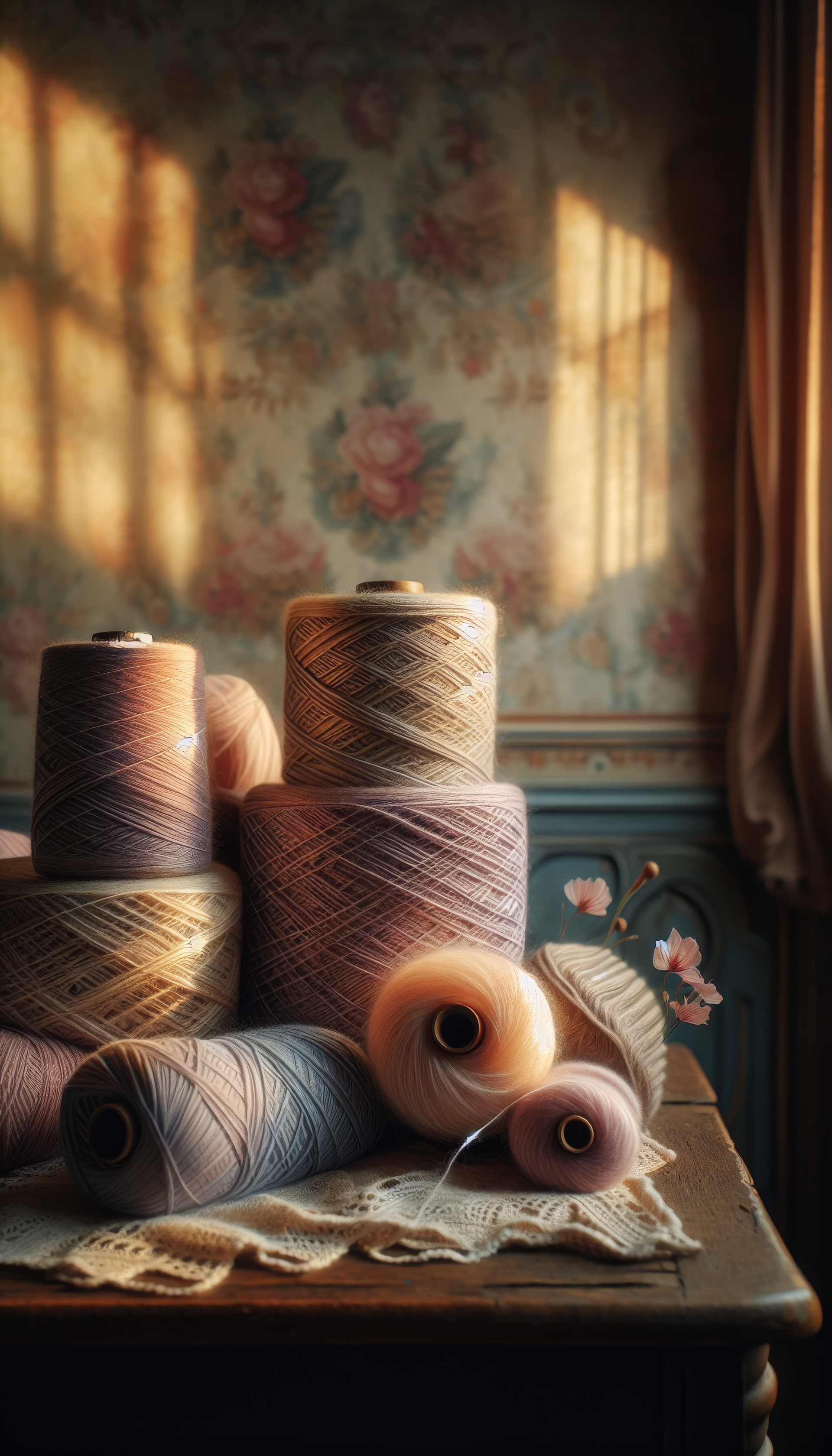 A cozy arrangement of multicolored yarn spools on a rustic table, bathed in warm sunlight, creating a charming phone wallpaper with a soft, inviting atmosphere.