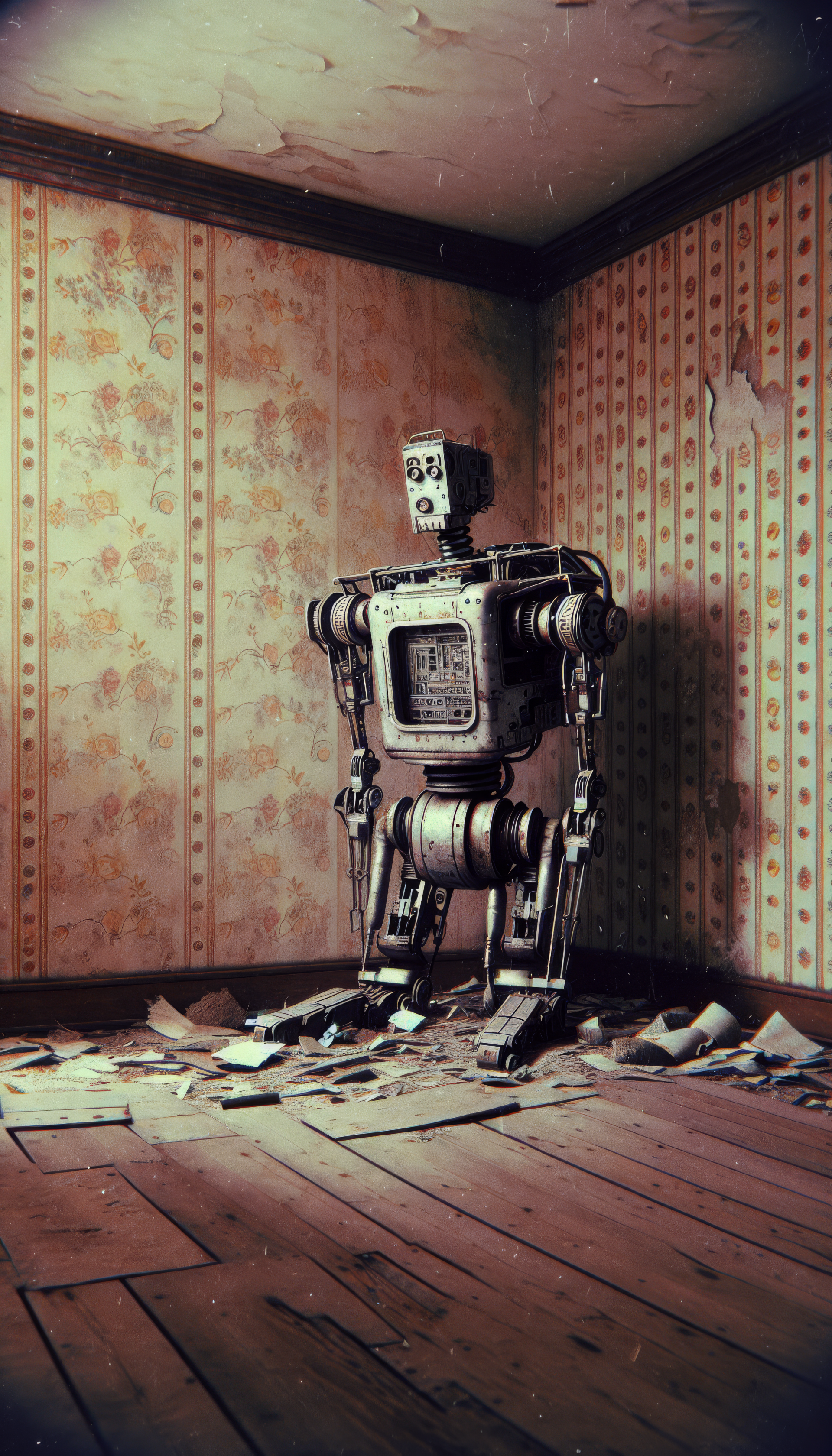 A robot stands forlornly in a dilapidated room, surrounded by debris and peeling wallpaper, captured perfectly as a striking phone wallpaper with a theme of ruin.