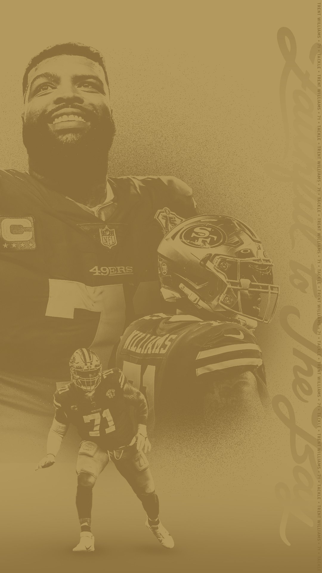 A dynamic phone wallpaper featuring San Francisco 49ers players in action, showcasing the team's spirit in NFL sports, set against a striking gold background.