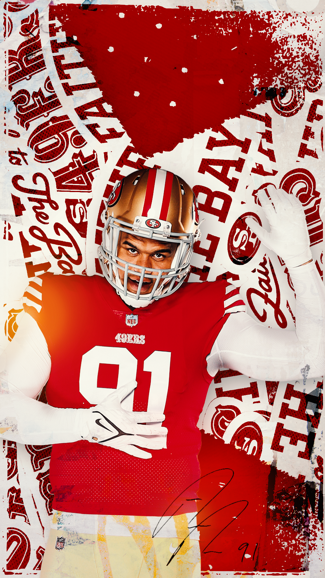 Dynamic San Francisco 49ers football player celebrates with a bold graphic design as a vibrant phone wallpaper, featuring team colors and iconic logos.