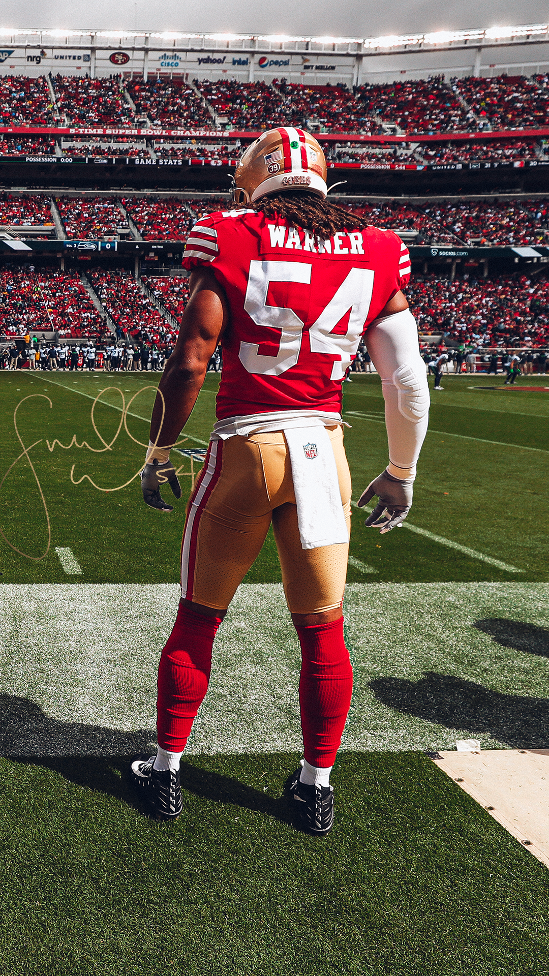 San Francisco 49ers football player number 54 on the field, sports-themed phone wallpaper.