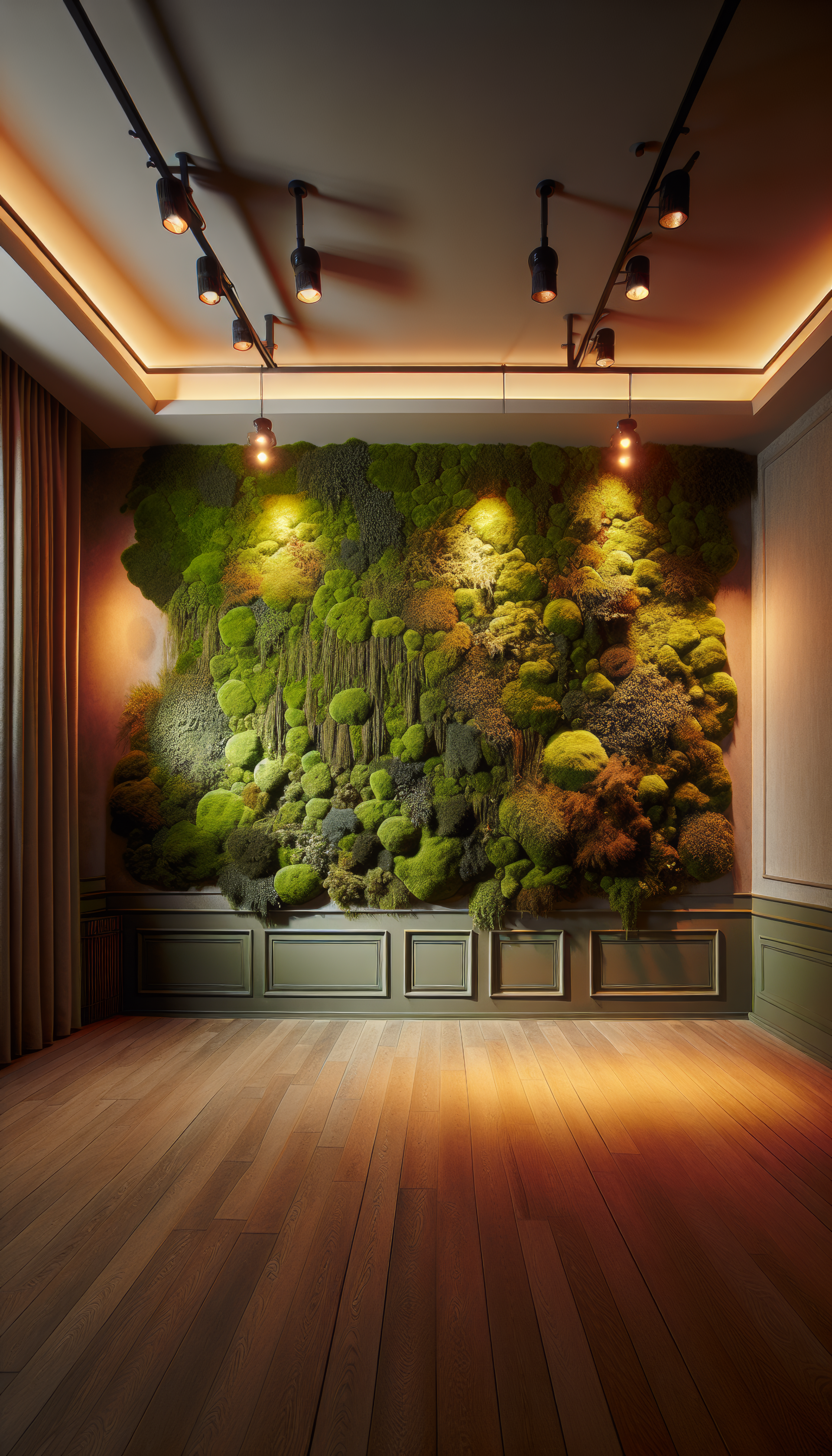 Moss wall interior design for phone wallpaper with warm lighting in a modern room.
