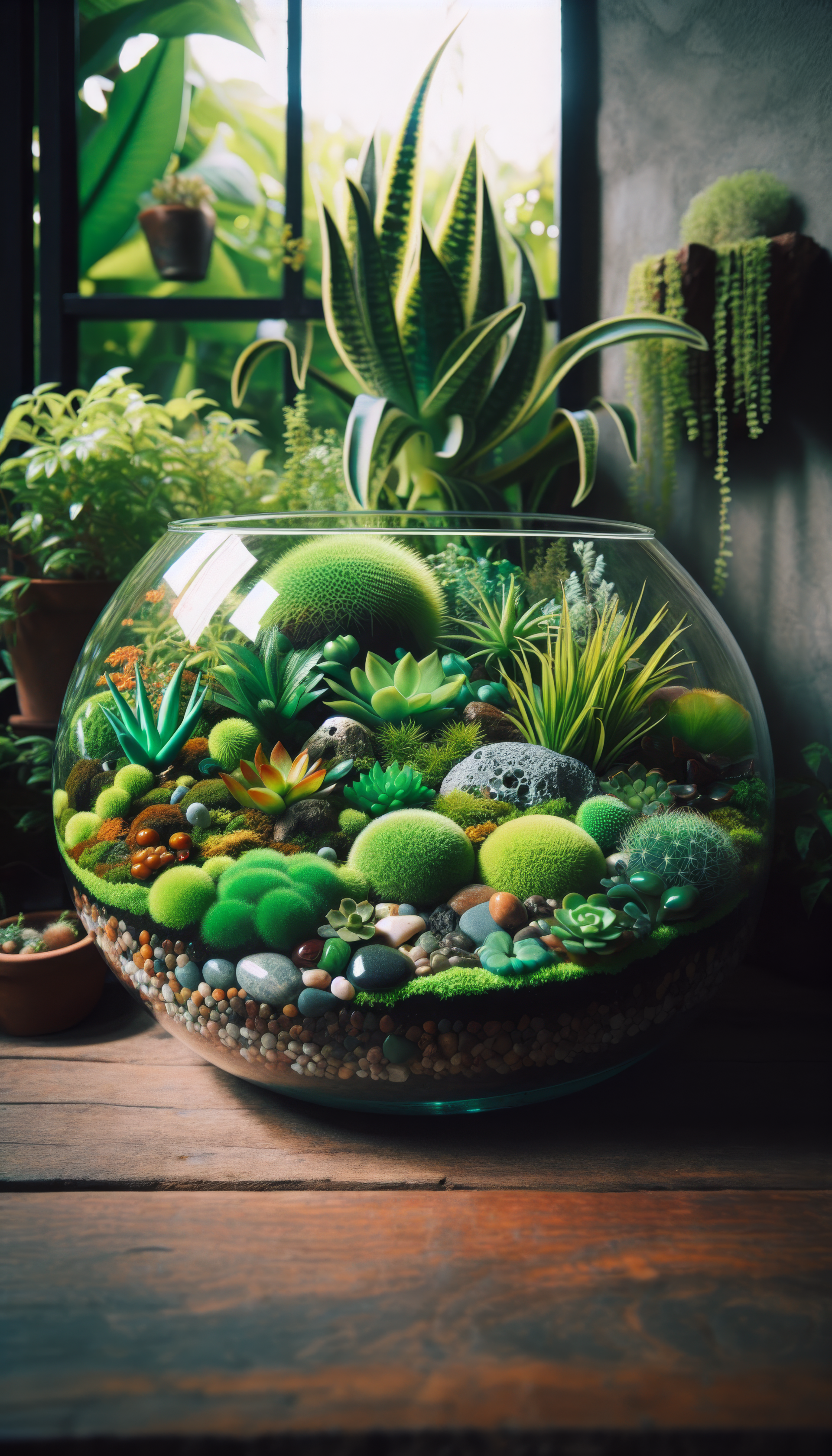 Vibrant terrarium wallpaper featuring an array of lush succulents and cacti for a fresh, green phone background.