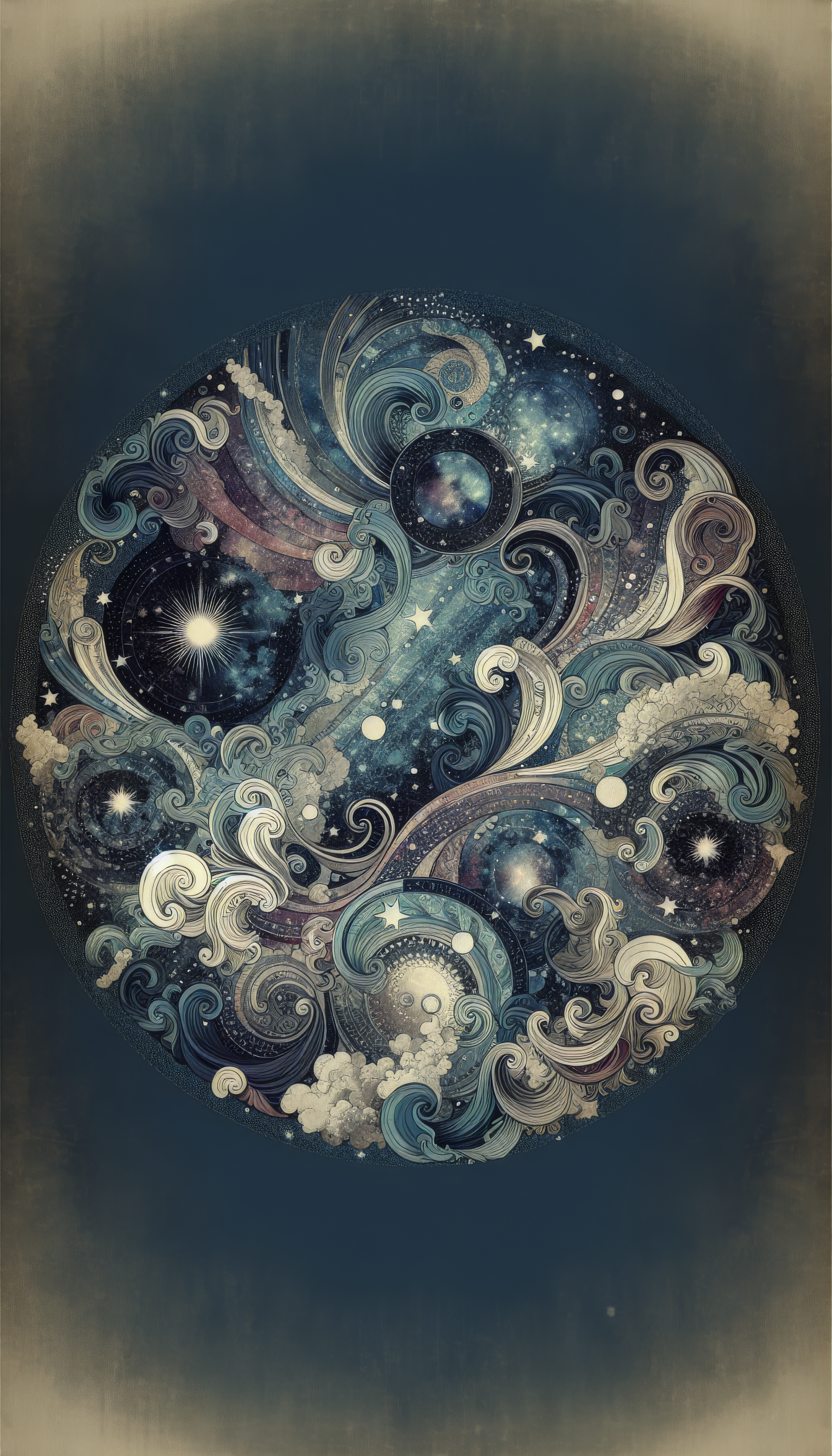 Abstract cosmic yin yang wallpaper for phone with swirling starry patterns in blue tones.