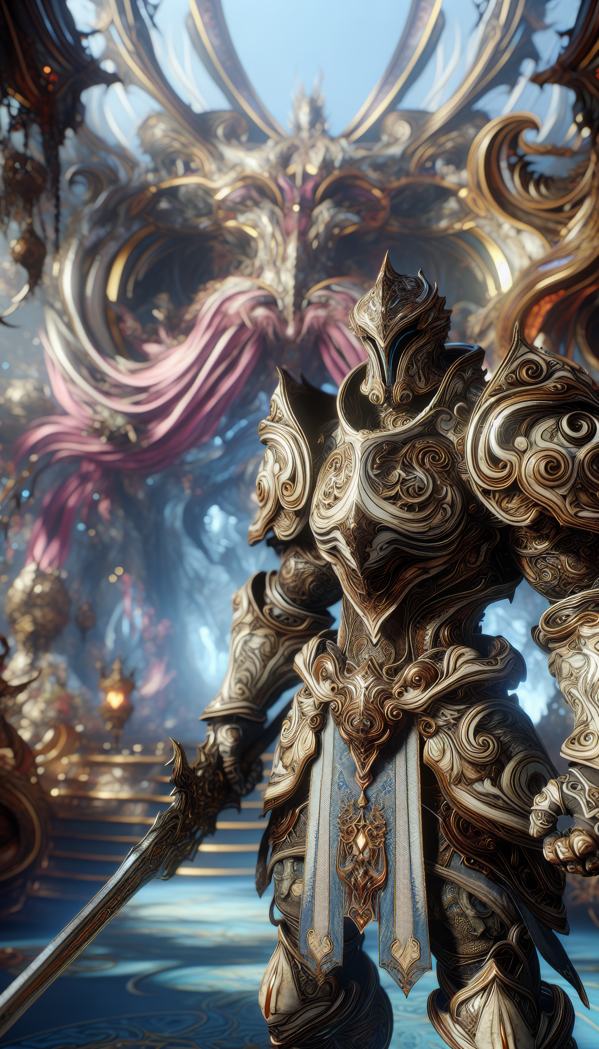 A majestic fantasy knight in ornate armor stands confidently with a sword, set against a grand, intricate backdrop, making for an impressive phone wallpaper.