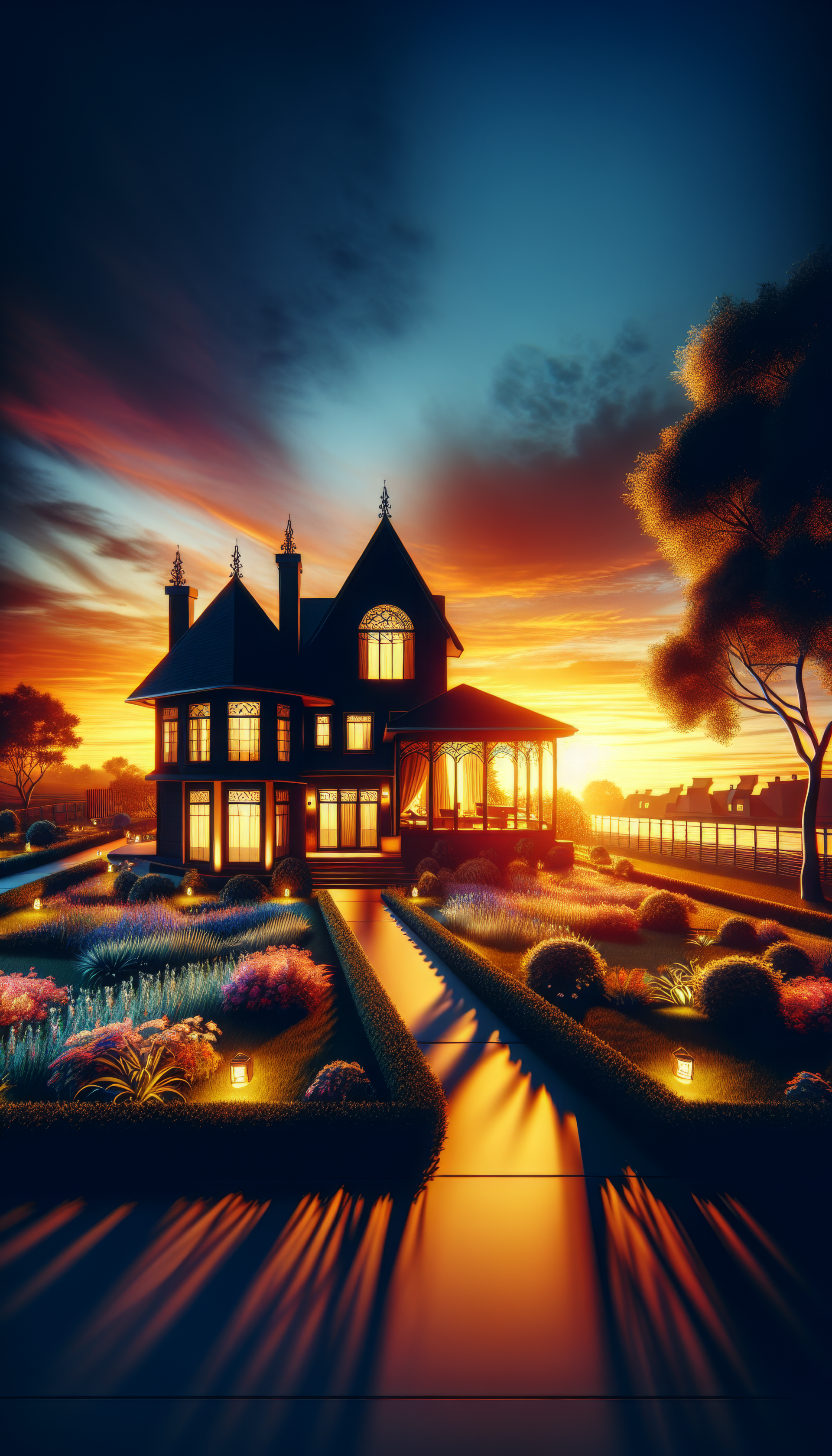 Dream home at sunset phone wallpaper with a stunning Victorian house amidst vibrant gardens.