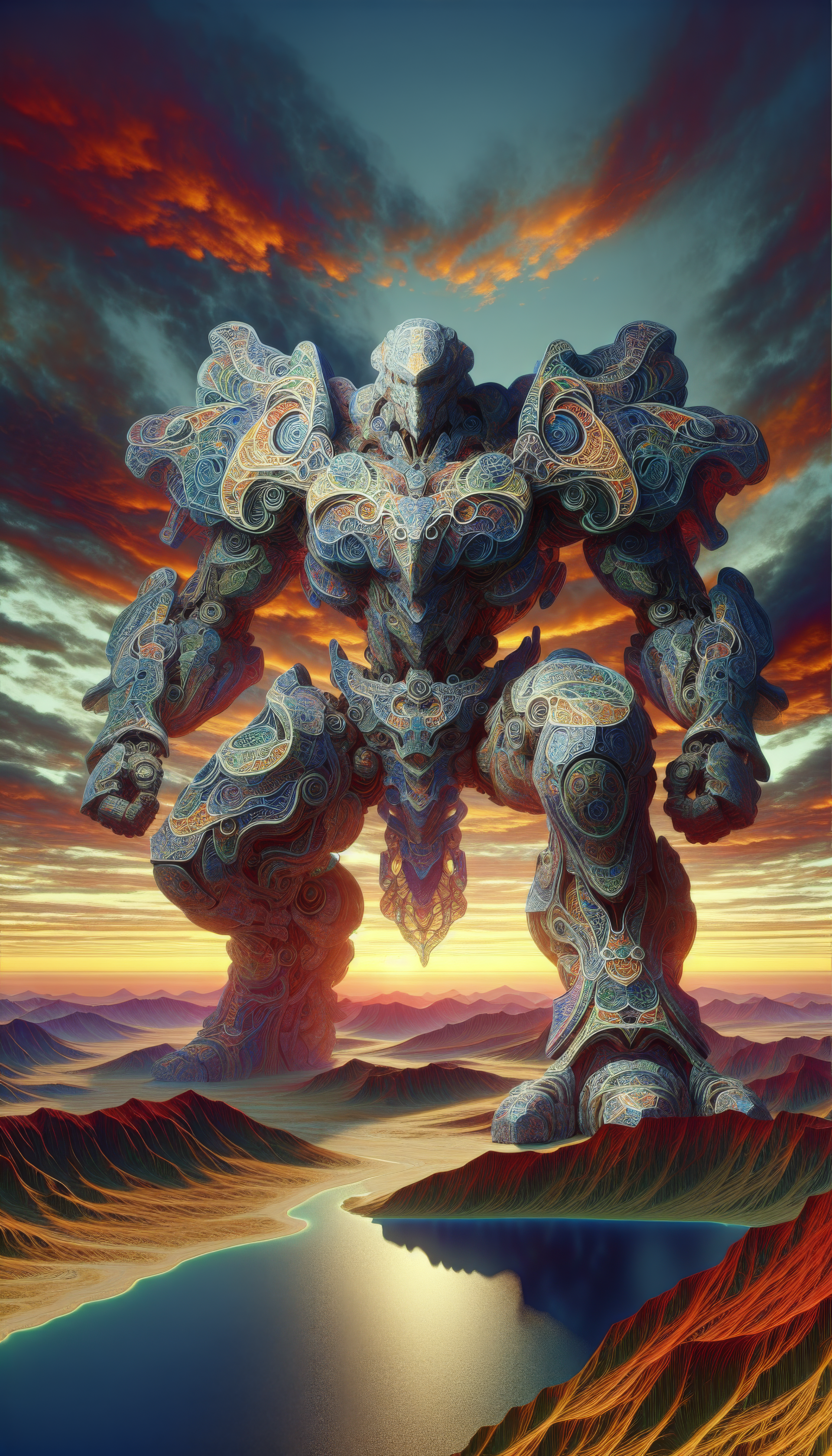 Stunning phone wallpaper featuring a majestic giant mech standing over a mountainous landscape under a fiery sunset sky.