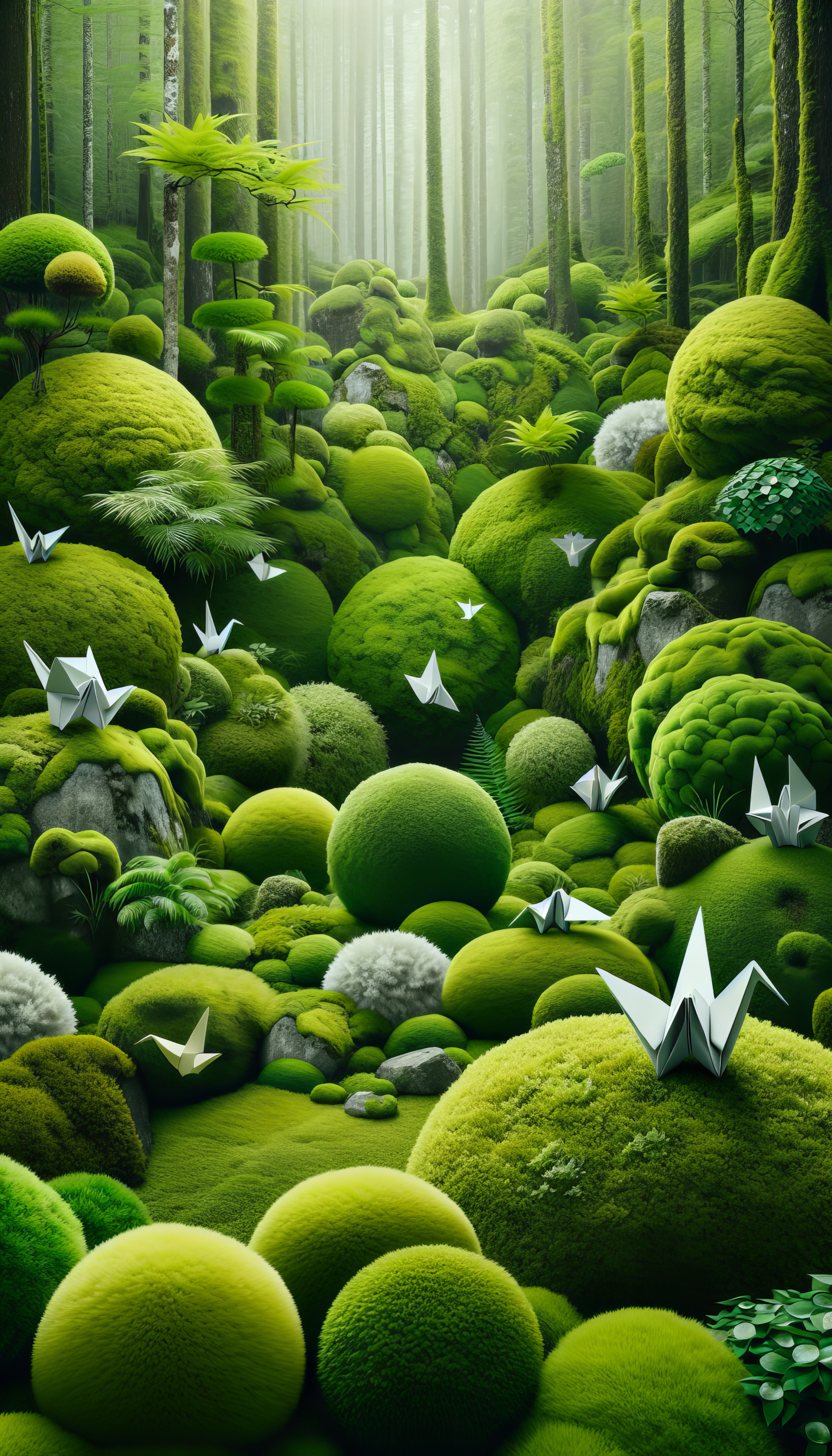 A serene moss garden filled with vibrant green mounds and delicate origami paper cranes, creating a calming and enchanting phone wallpaper design.