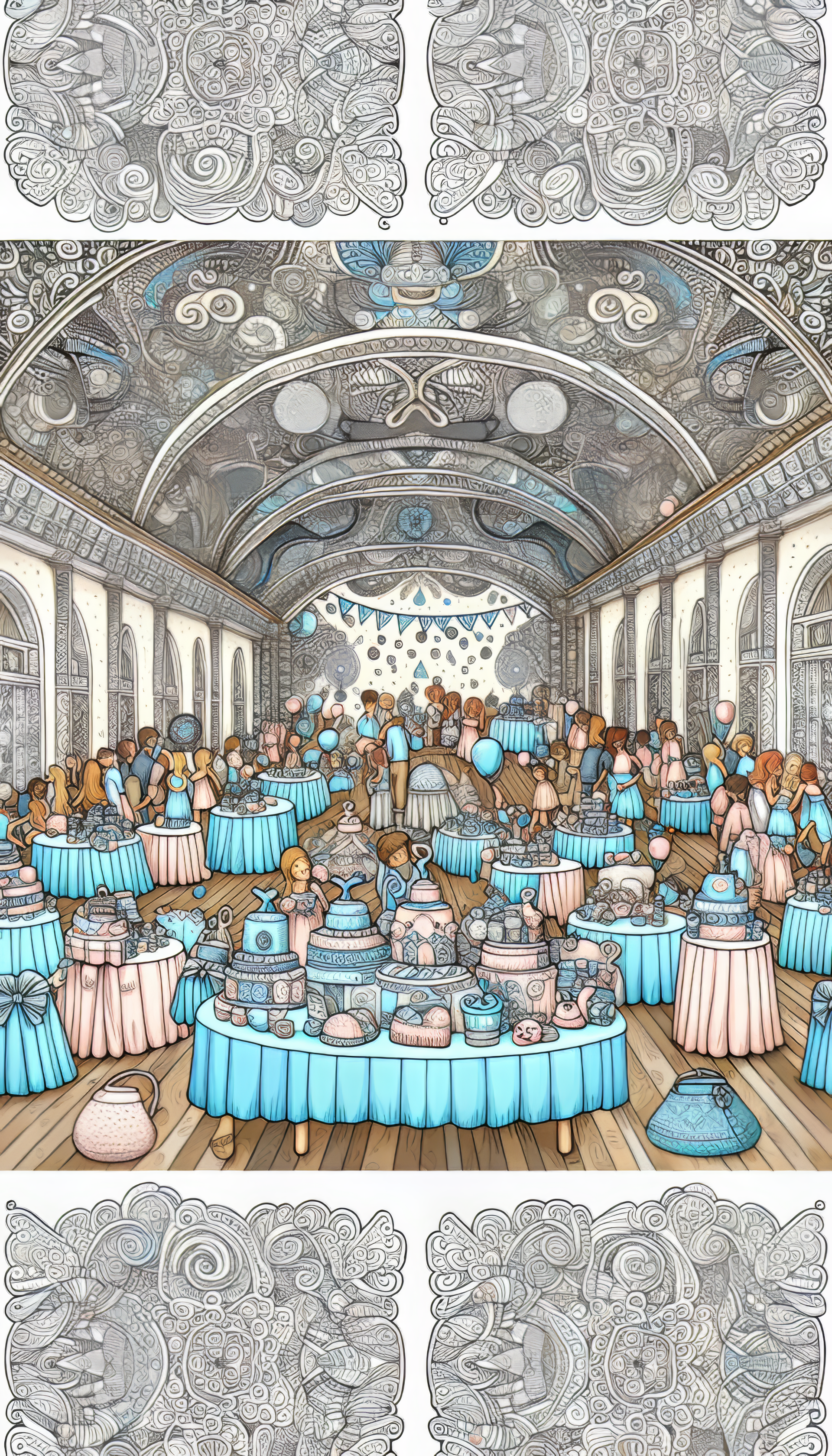 Illustration of an elegant baby shower event in a grand hall for phone wallpaper.